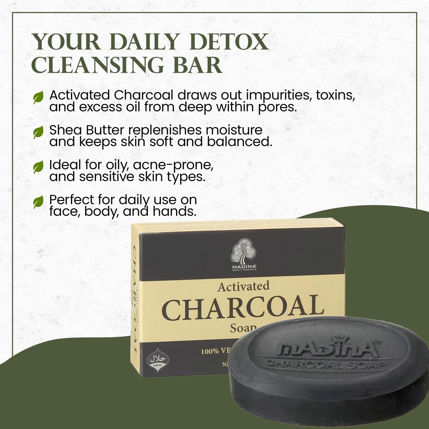 Madina Activated Charcoal Soap Bar - Deep Cleansing, Detoxifying, Oil Control, Acne, 100% Vegetable-Based, Halal, Gentle Face & Body Cleanser, 6 Pack Beauty & Personal Care Madina