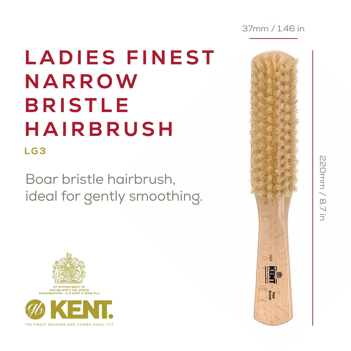 Kent LG3 Finest Hair Brushes for Women - Natural Beechwood and Boar Bristle Narrow Hairbrush for Fine or Medium Thickness Hair All Lengths - Dry Brush