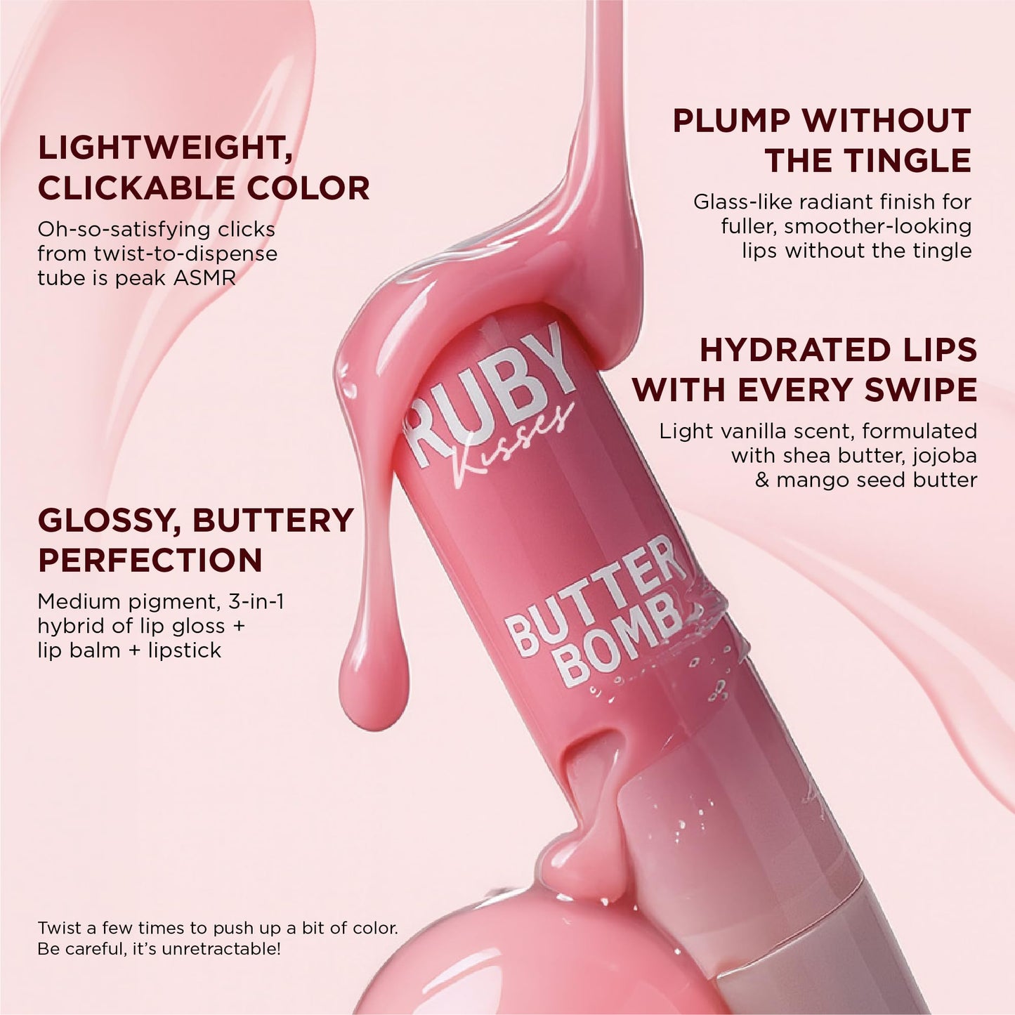 Ruby Kisses Butter Bomb Lip Balm, High Shine Tinted Lip Gloss, Ultra Hydrating Melting Lipstick With Shea Butter for Plumped Look, Lightweight Beauty and Personal Care Ruby Kisses