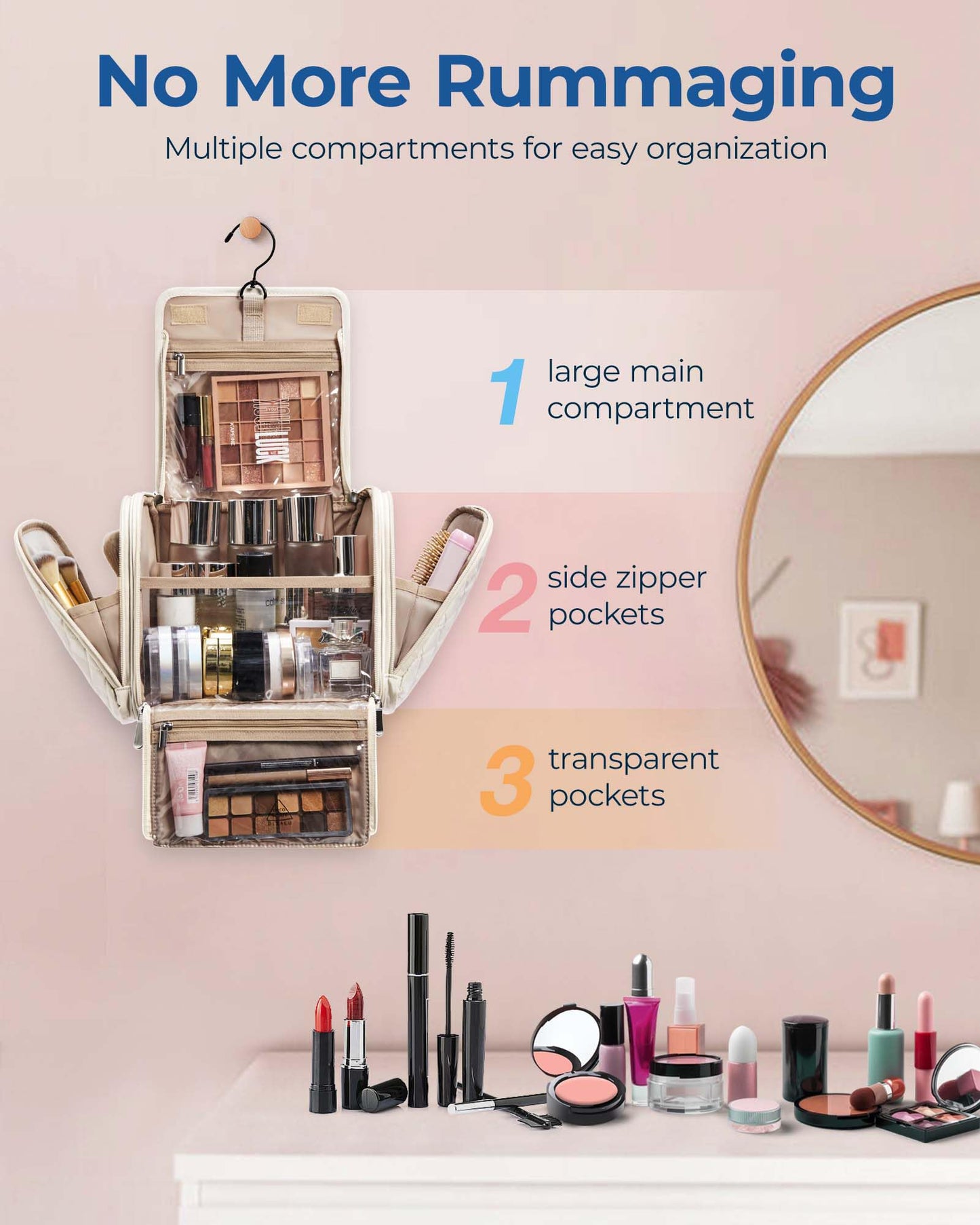 BAGSMART Makeup Bag for Women with Hanging Hook, Large Portable Capacity Water-resistant Organizer Travel Case for Toiletries and Cosmetics, Pink Beauty and Personal Care BAGSMART