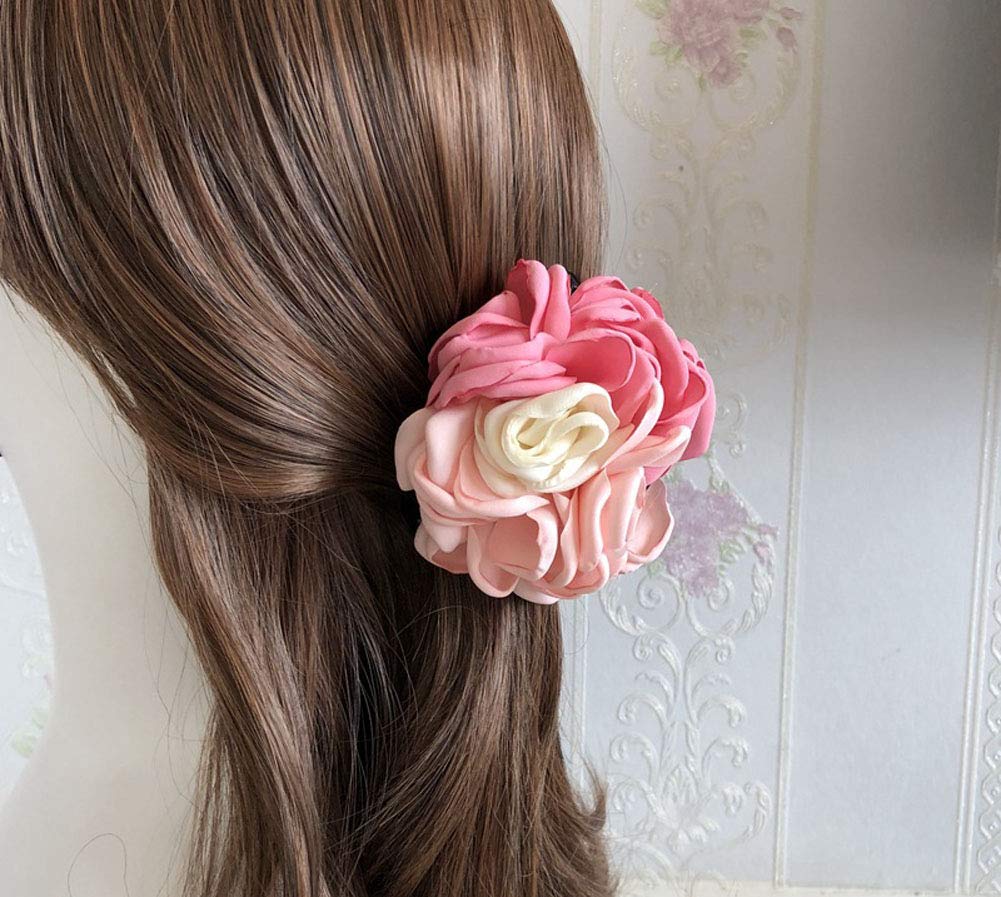 2PCS Sweet Large Rose Flower Hair Claws Beauty Ribbon Bow Hair Clips Headwear Hair Jewelry for Women Accessories (Pink + Pink blue) Beauty & Personal Care Suoirblss