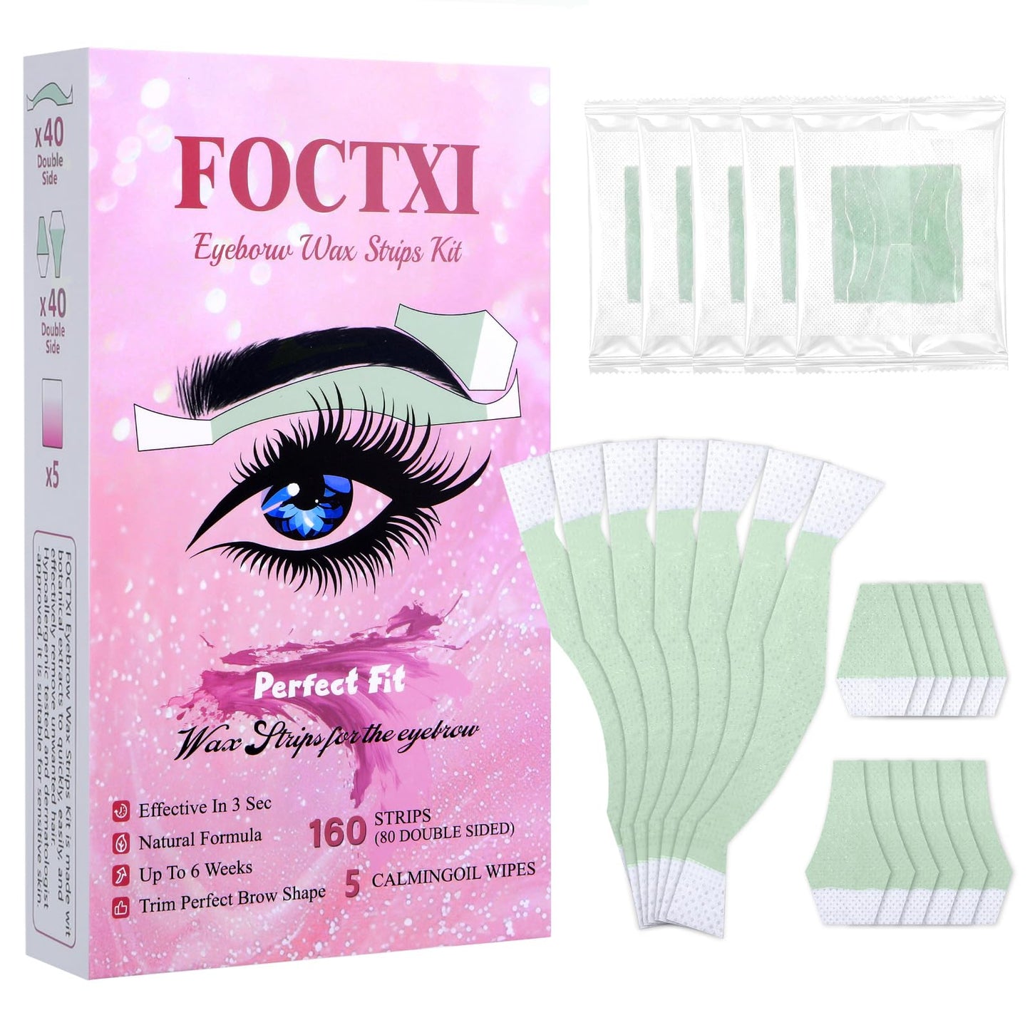 FOCTXI Facial Wax Strips Kit for Women - 80 Strips Hypoallergenic Eyebrow Wax Strips for Hair Removal Home Use + 5 Calming Oil Wipes, Suitable for All Beauty and Personal Care FOCTXI