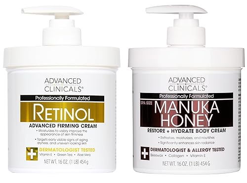 Advanced Clinicals Unscented Retinol Body Lotion & Face Moisturizer + Manuka Honey Body Cream For Women & Men | 2PC Skincare Set Helps Reduce Beauty & Personal Care Advanced Clinicals