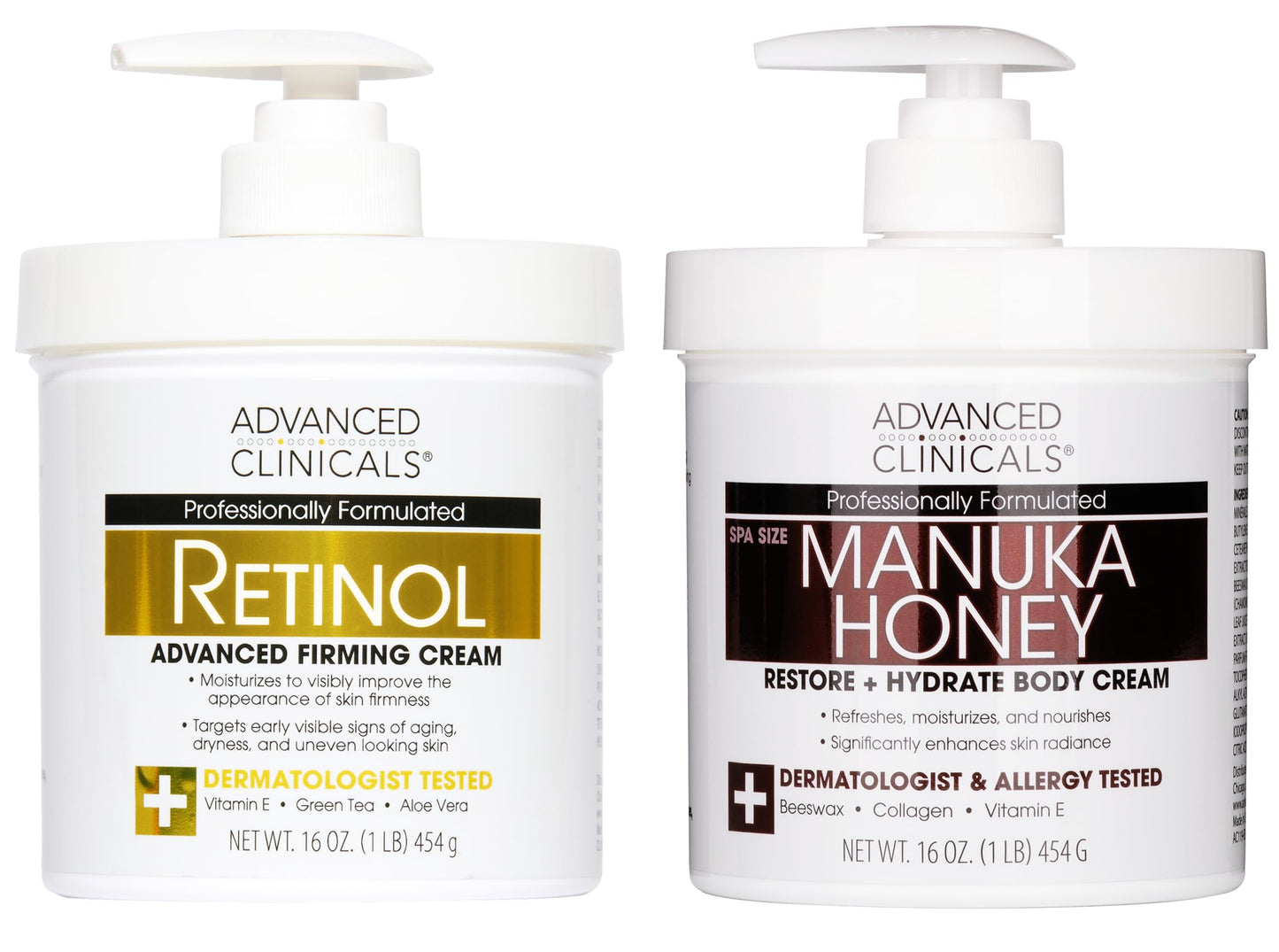 Advanced Clinicals Unscented Retinol Body Lotion & Face Moisturizer + Manuka Honey Body Cream For Women & Men | 2PC Skincare Set Helps Reduce Beauty & Personal Care Advanced Clinicals