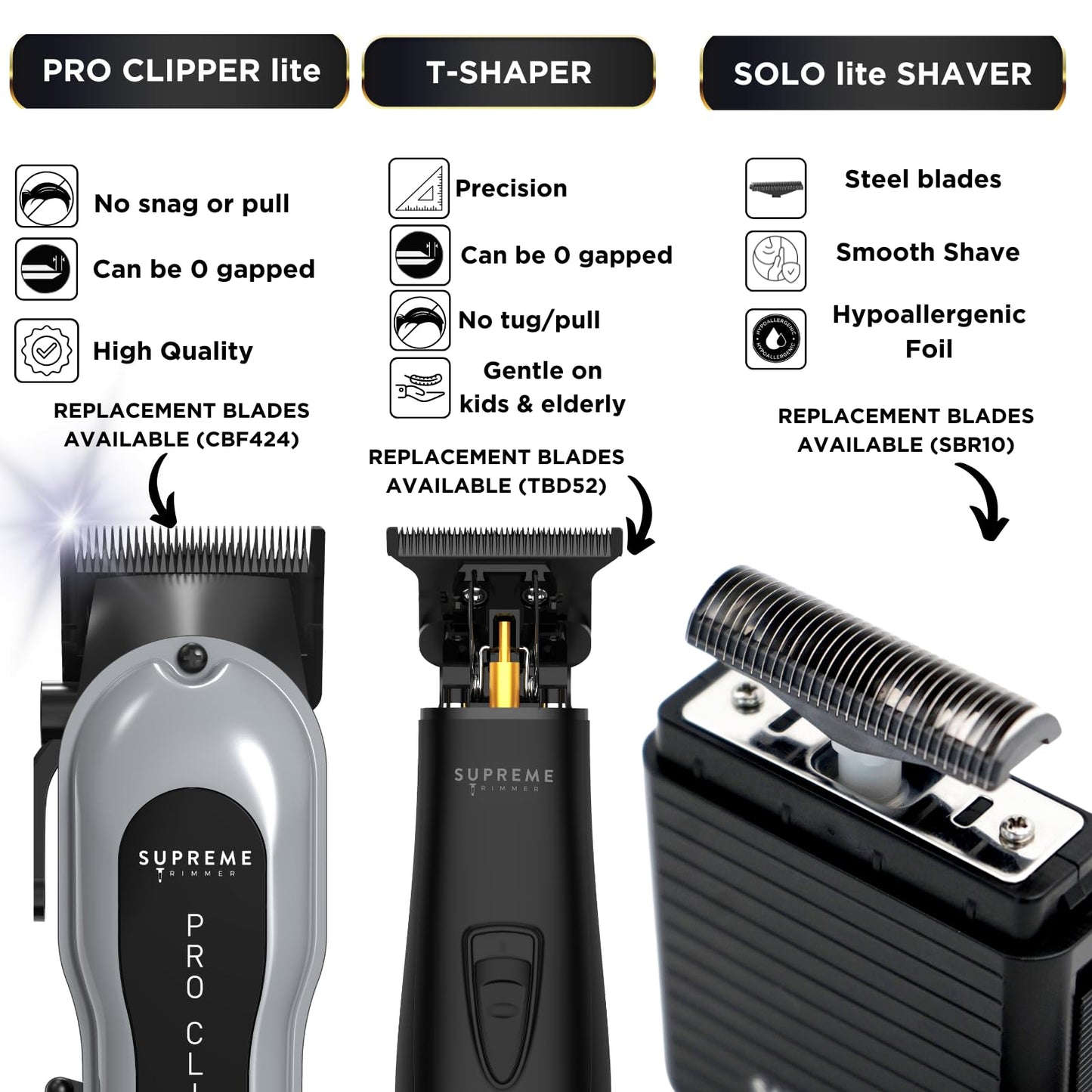 Supreme Trimmer 3-in-1 Barber Bundle - Pro Clipper Lite, DLC T-Shaper Trimmer, Solo Lite Foil Shaver - Professional Beard Trimmer/Clipper Kit - Value Beauty and Personal Care Supreme Trimmer