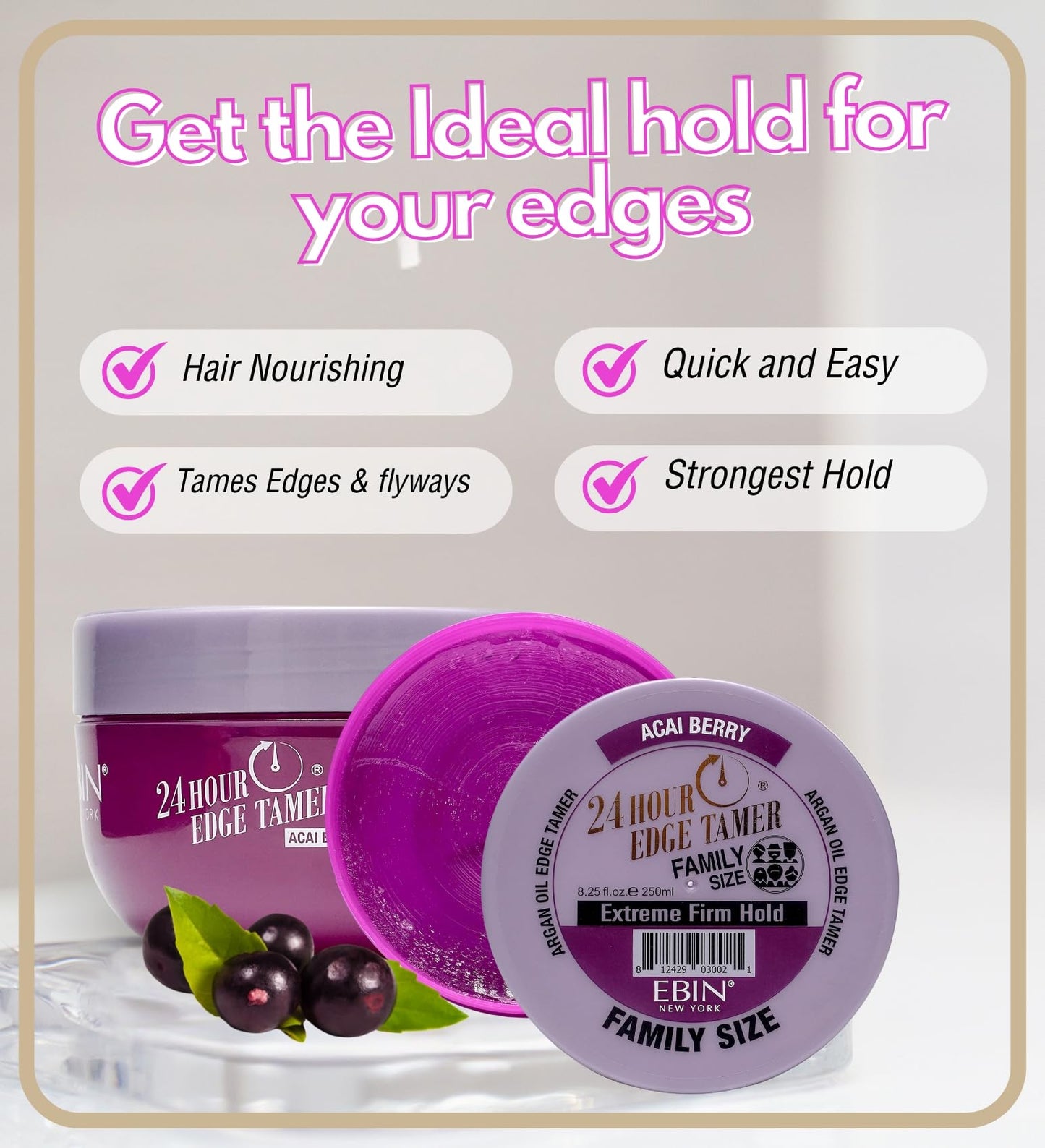 24 Hour Argan Oil Edge Tamer Refresh (8.25oz/ 250ml, Acai Berry) | Extreme Firm Hold, Smooths & Tames Frizz | No Flaking or Drying | High Shine, Long Beauty & Personal Care EBIN NEW YORK