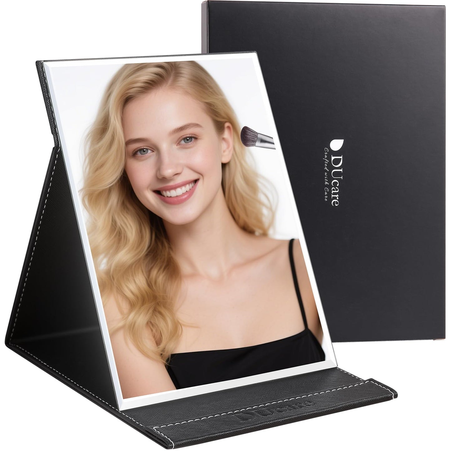DUcare Folding Mirror Portable Travel PU Portable Adjustable Rectangular Ultrathin Vanity Mirror with Stand Black Beauty & Personal Care DUcare