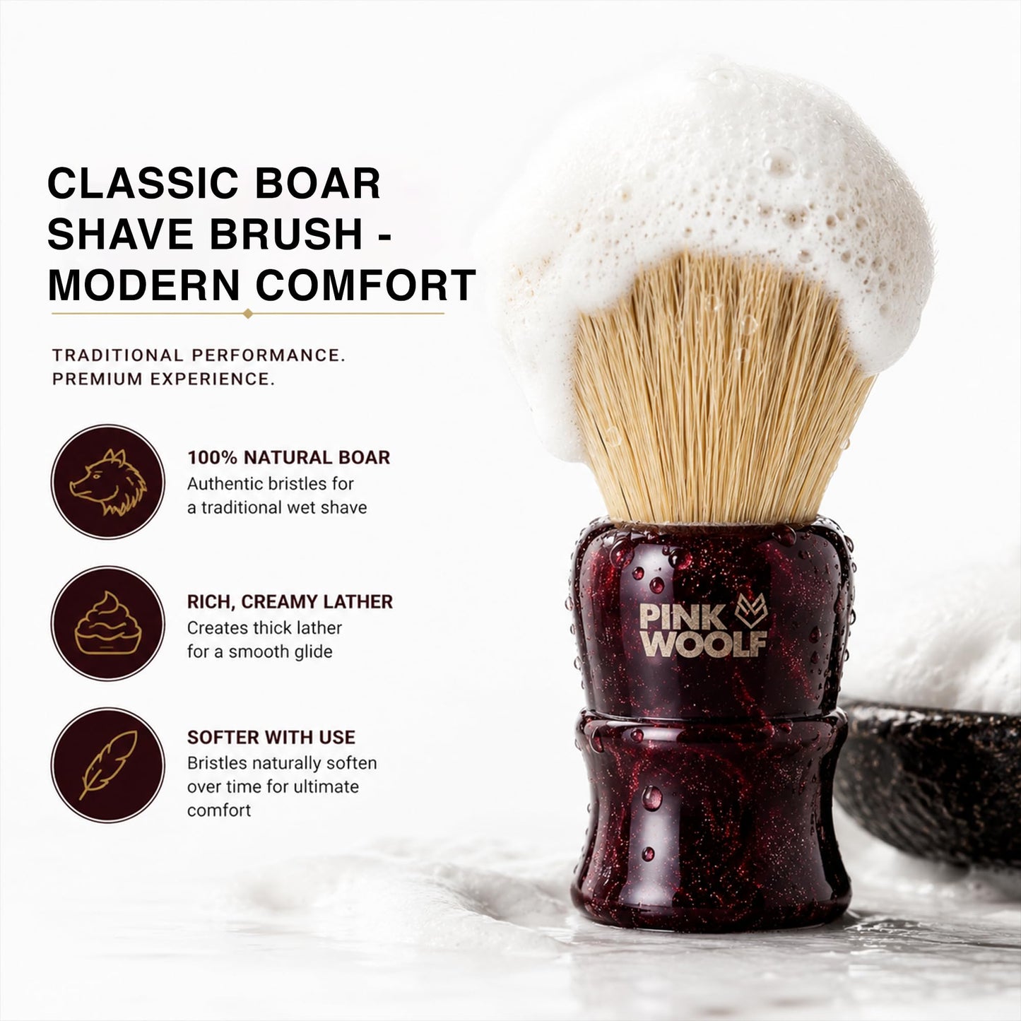 Pink Woolf Boar Shaving Brush for Men - 28mm Natural Boar Bristles, Dense Wet Shave Brush for Rich Lather, Premium Maroon Handle, Soft Face Feel Beauty and Personal Care Pink Woolf