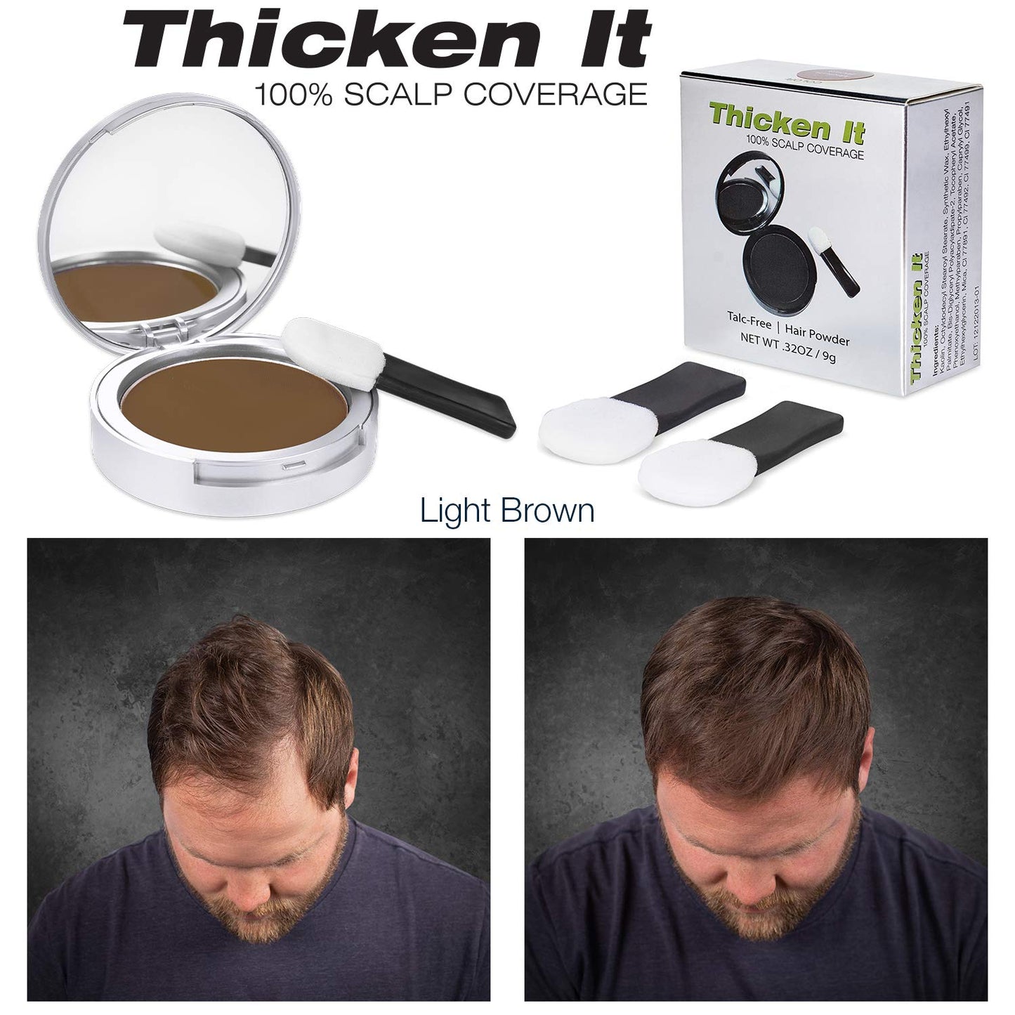 Thicken It 100% Scalp Coverage Hair Powder - LIGHT BROWN - Talc-Free .32 oz. Water Resistant Hair Loss Concealer for men and women. Naturally Thicker Beauty & Personal Care Thicken It