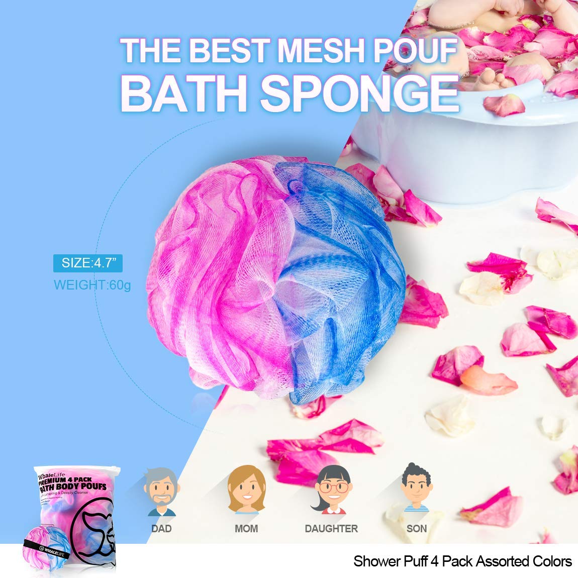 Loofah Sponge Bath Sponge for Women Men 4 Pack (Blue Pink Conbine) Beauty & Personal Care WhaleLife
