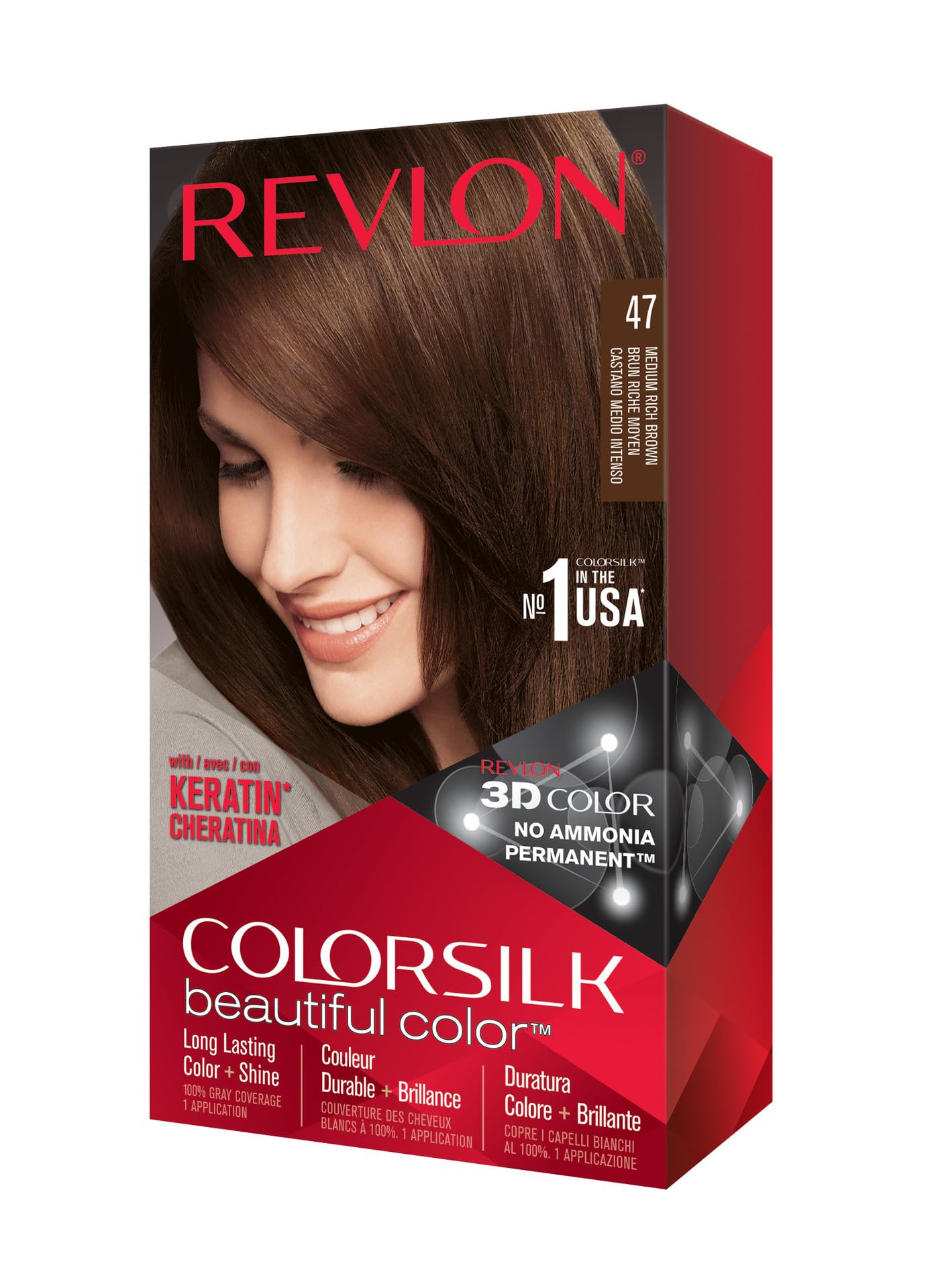 Revlon Permanent Hair Color, Permanent Hair Dye, Colorsilk with 100% Gray Coverage, Ammonia-Free, Keratin and Amino Acids, 47 Medium Rich Brown, 4.4 Beauty & Personal Care REVLON