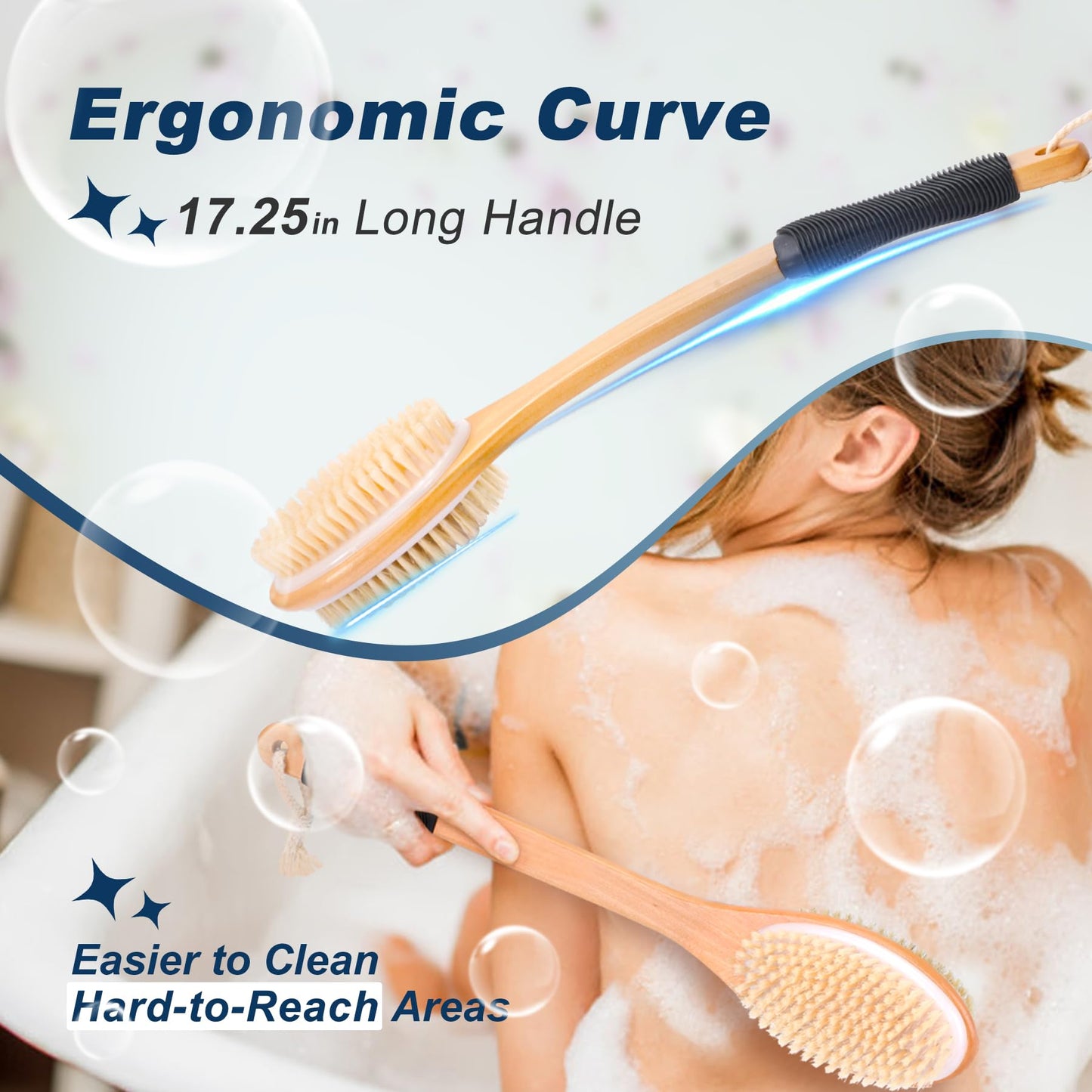 Long Handle Ergonomically Back Scrubber/Brush for Shower, Double Sided Exfoliating Body Scrubber for Women and Men (Black) Beauty and Personal Care ShowEzily