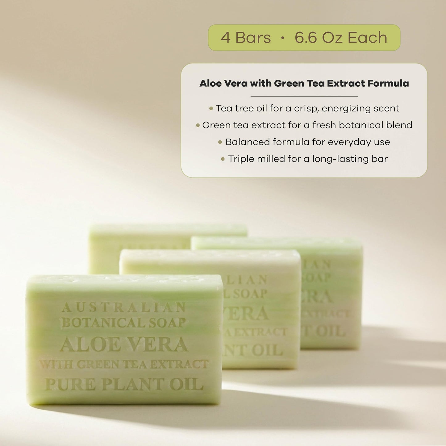 Australian Botanical Soap Aloe Vera with Green Tea Extract - Triple Milled 6.6 oz Bar Soap with Shea Butter, Face Hand & Body Bars, 4 Pack Beauty & Personal Care Australian Botanical Soap