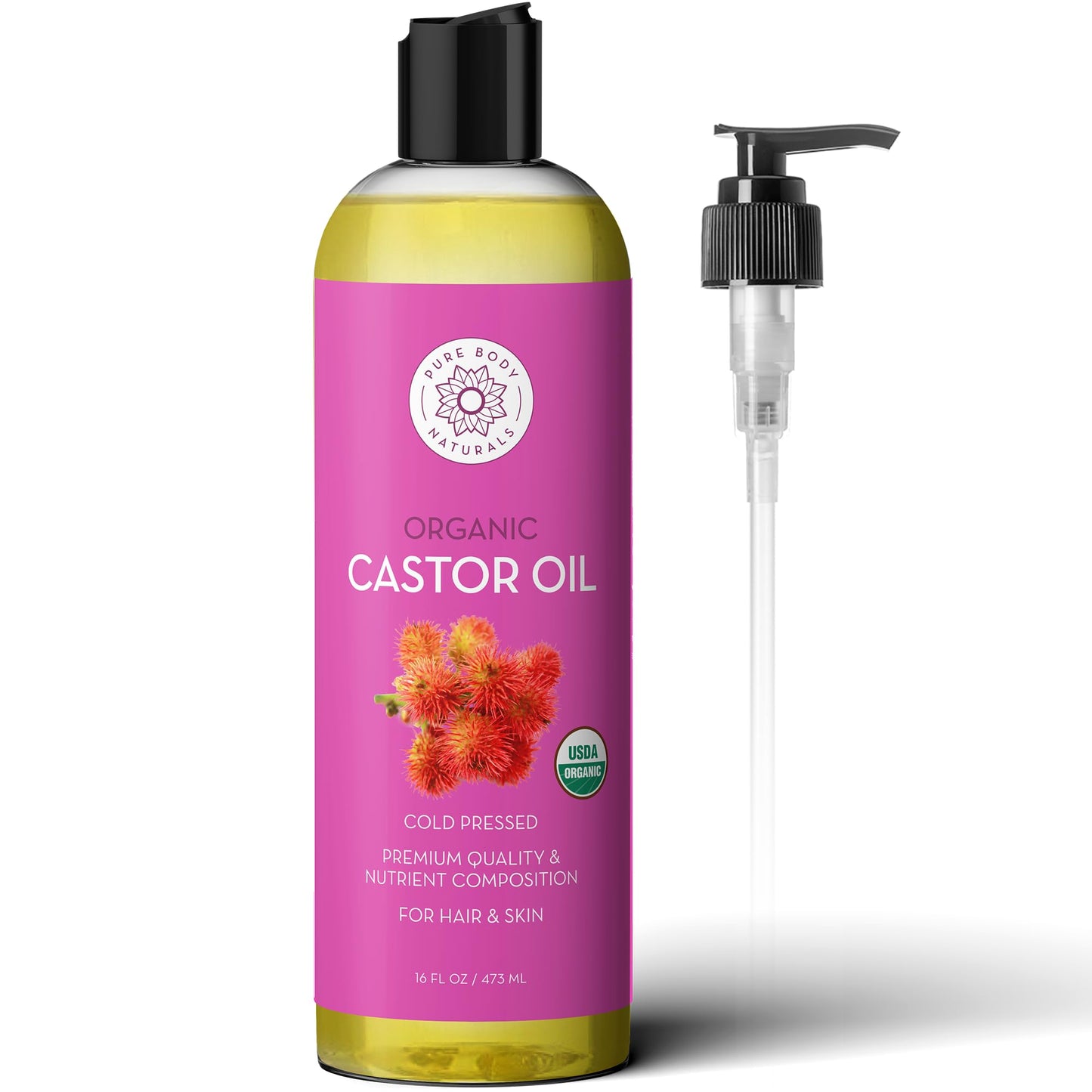 Pure Body Naturals Castor Oil for Face, Hair Growth, Skin, and Body - Cold Pressed Organic Castor Oil Aceite De Ricino Hexane Free Unrefined - 16 fl Beauty & Personal Care Pure Body Naturals