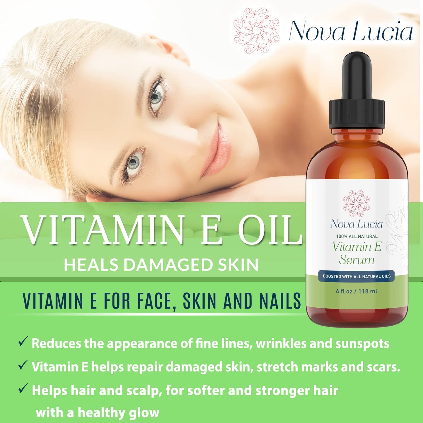 Nova Lucia Organic Vitamin E Oil - Pure Vitamin E for Skin, Face & Hair | Scar & Stretch Mark Treatment, Natural Moisturizer for Soft, Smooth Beauty & Personal Care Nova Lucia