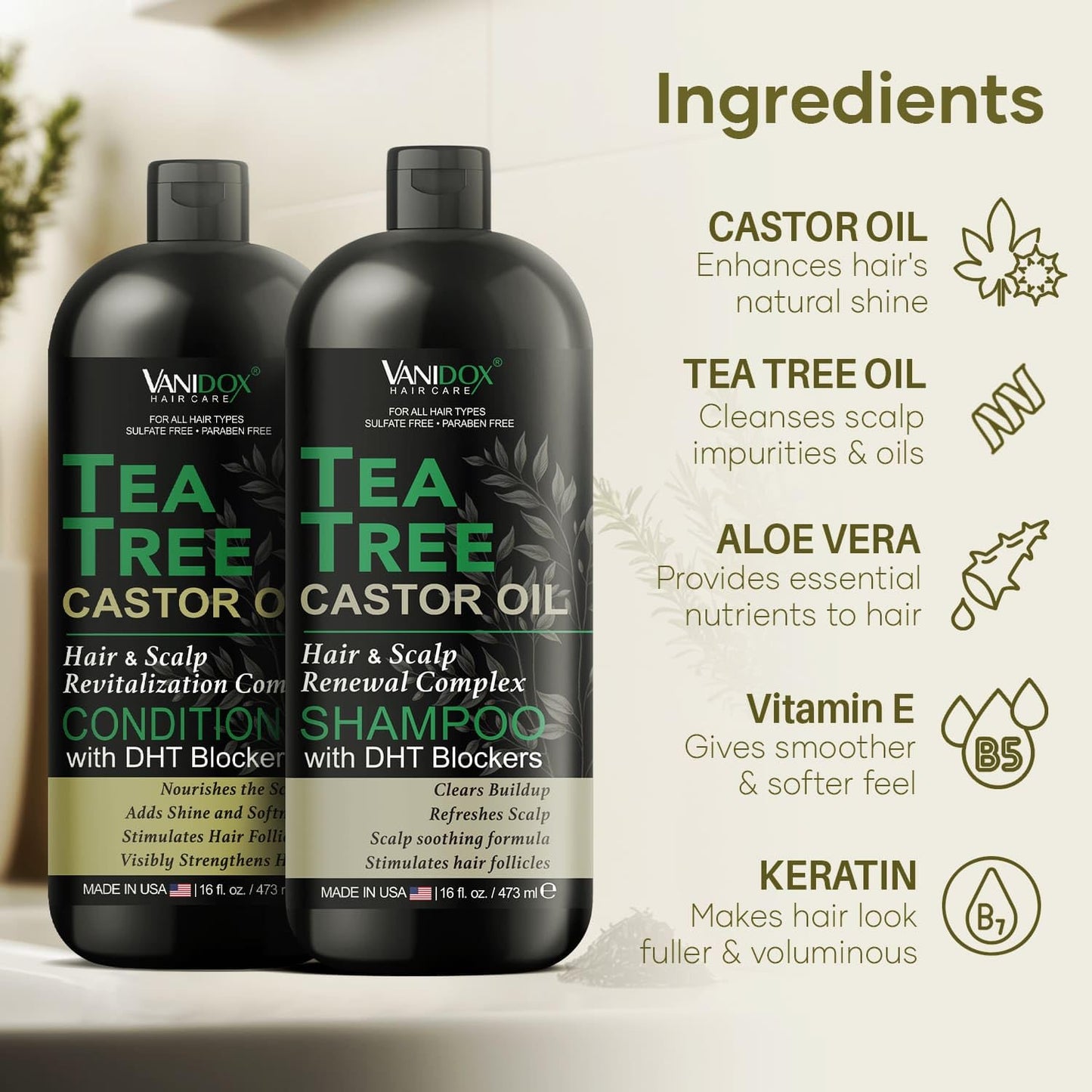 Tea Tree Oil Shampoo and Conditioner Set with Castor Oil, DHT Blockers, Itchy Scalp Relief, Supports Fuller Hair, Cleanses Dandruff & Buildup, For Men Beauty & Personal Care VANIDOX