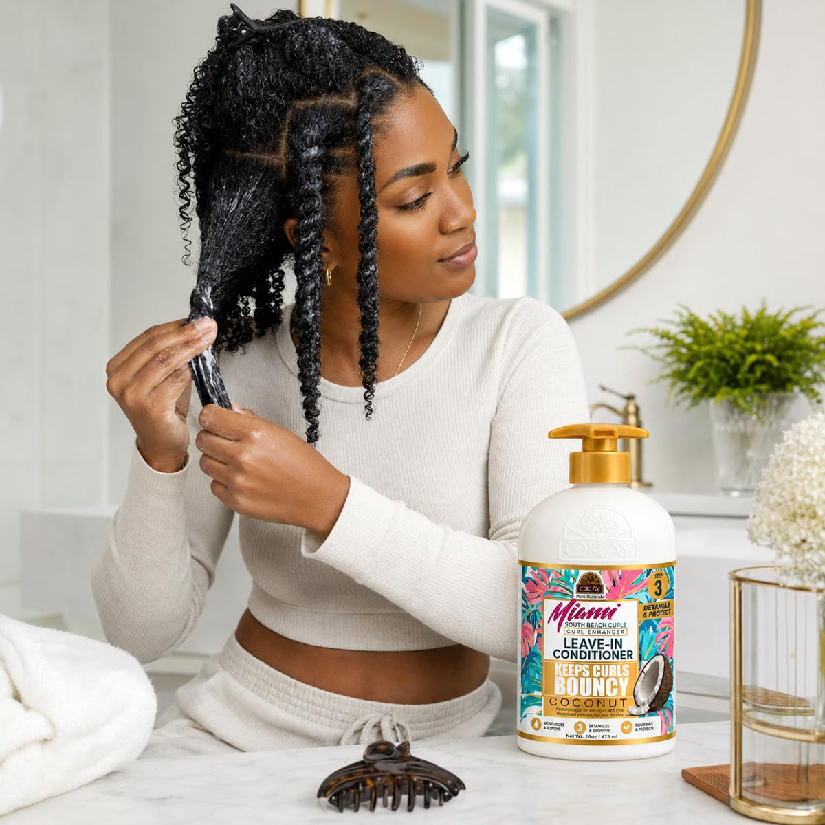 OKAY Miami South Beach Curls Curl Enhancer Leave-In Conditioner 12 oz - Hydrating Curl Defining Cream for Frizz Control, Soft Bouncy Curls - Sulfate &