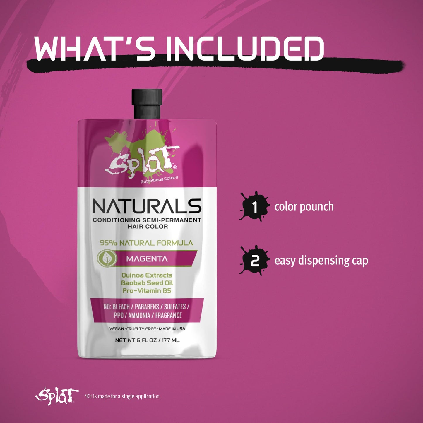 Splat Naturals Semi-Permanent Hair Color, Magenta, 6 fl. oz., 95% Natural Hair Dye Formula Lasts Up to 30 Washes, Vegan & Cruelty-Free Beauty & Personal Care Splat