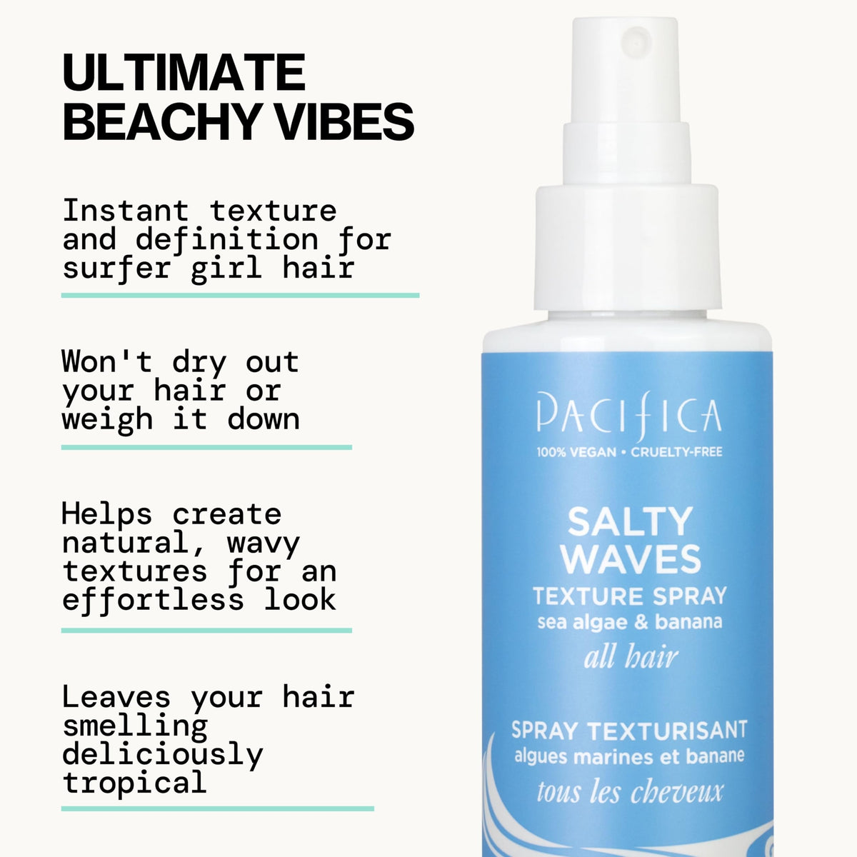 Pacifica Beauty, Salty Waves Texture Sea Salt Spray for Hair, Beachy Waves, Wavy Hair Products, Hydrating, Banana Scent, Curl Enhancing, Paraben Free Beauty & Personal Care Pacifica