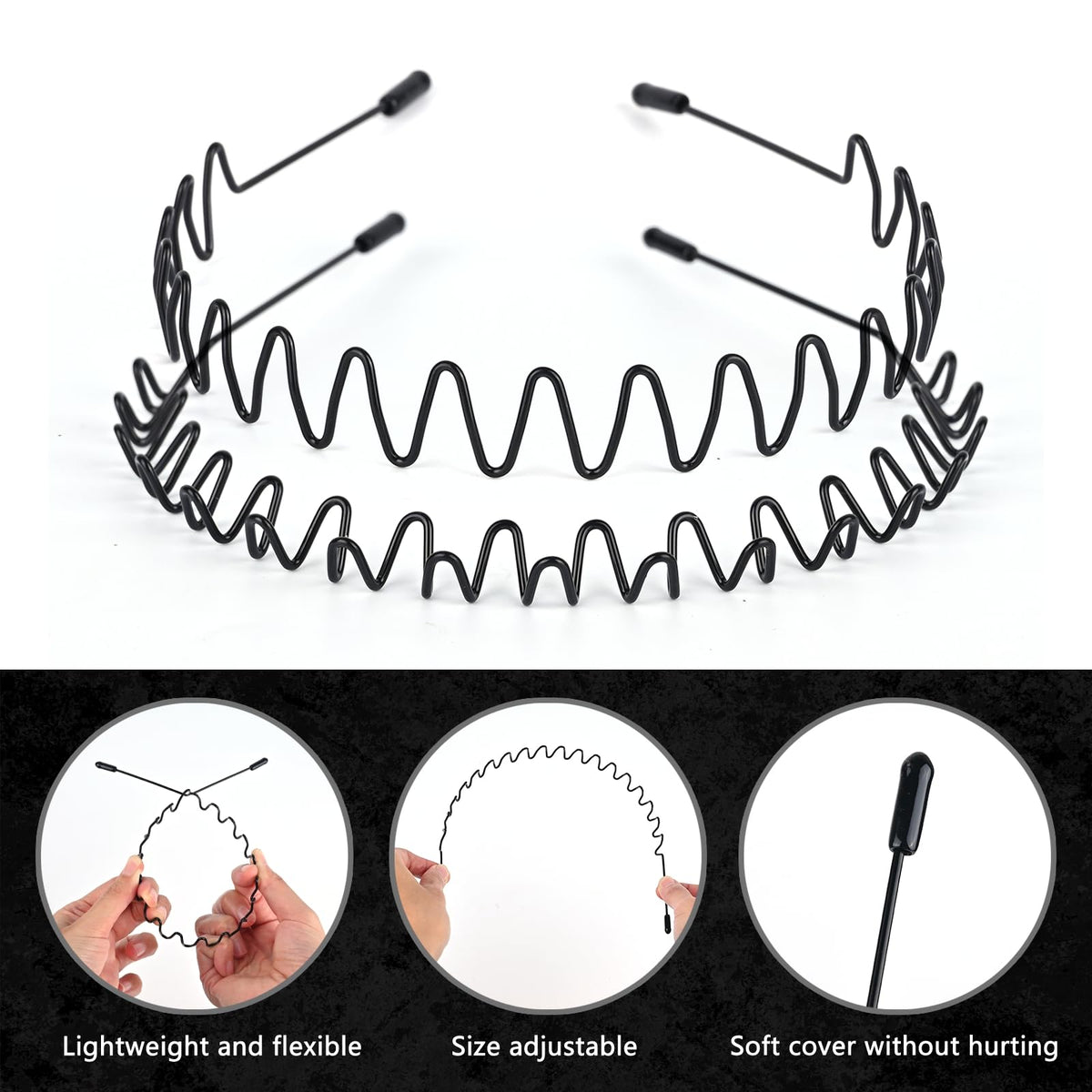 LTHYHJ Men's Metal Headband, Men's Neutral Black Wavy Spring Outdoor Sports 6-Piece Set, Headband for Men and Women, Suitable for Running, Cycling,