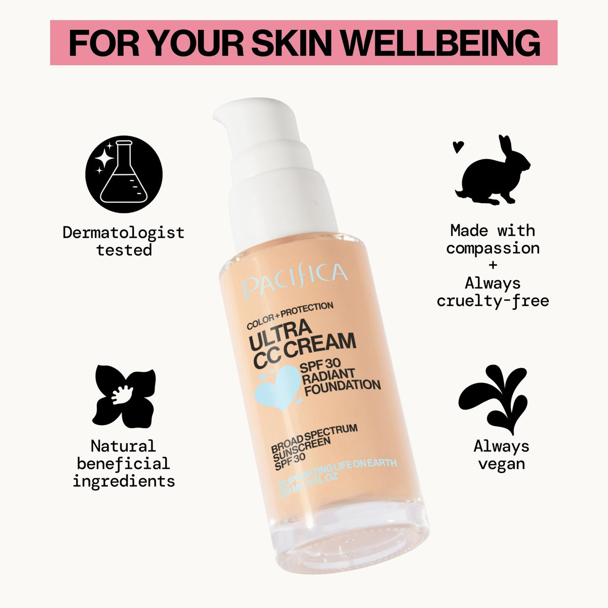 Pacifica Ultra CC Cream Radiant Foundation SPF 17 (Natural Medium) - Medium-Coverage Tinted Moisturizer + Mineral Sunscreen, Dewy Finish, 1 fl oz