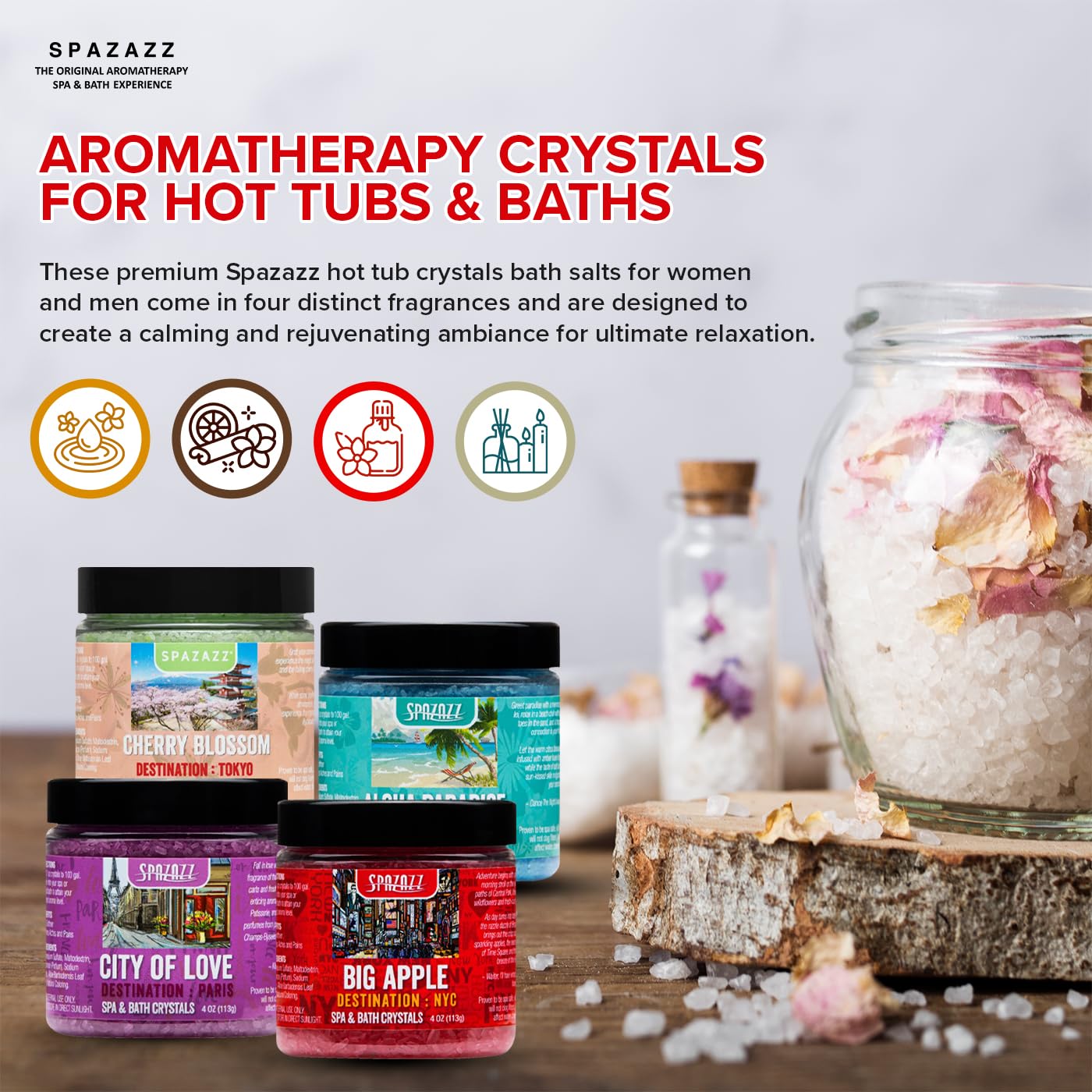 Hot Tub & Spa Aromatherapy Bath Salt Crystal Scents Spazazz Destinations Collection Bundle Aloha Paradise, Big Apple, City of Love, Cherry Blossom Beauty and Personal Care Spazazz