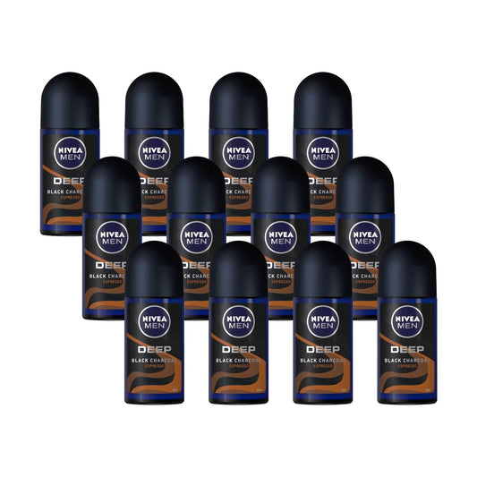 NIVEA MEN DEEP Black Carbon Espresso Roll-On, 50 mL - Odor Protection, No Visible Black Residue, Long-Lasting Espresso Scent, Pack Of 12 Beauty and Personal Care NIVEA