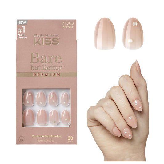 KISS Bare But Better, Press On Nails, Nail glue included, 'Slay', Light Nude, Short Size, Almond Shape, Includes 30 Nails, 2G Glue, 1 Manicure Stick