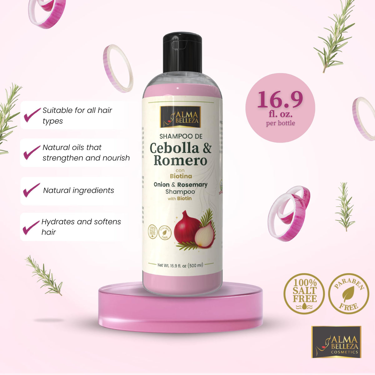 Alma Belleza Onion & Rosemary Shampoo with Biotin - Gentle Cleansing Shampoo for Shine, Strength & Manageability - Paraben Free, Salt Free - 16.9 fl