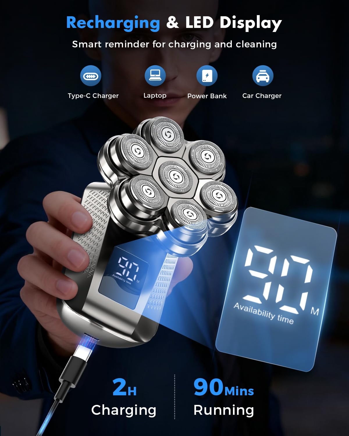 TEPOTZ Electric Head Shavers for Bald Men - Type-C Fast Charging with Travel Lock -Frost Silver Beauty and Personal Care TEPOTZ