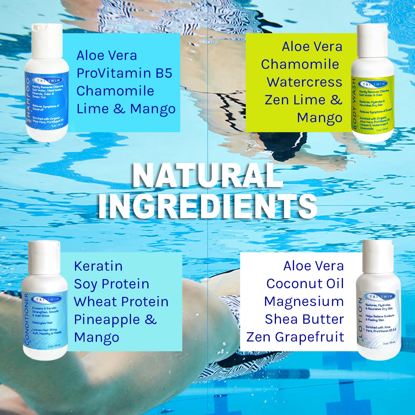 TRISWIM Shot Set in Travel Bag | 2oz Travel Size Chlorine Removal Shampoo, Swimmer’s Conditioner, Swim Body Wash and Lotion | Removes Chlorine Beauty & Personal Care TRISWIM