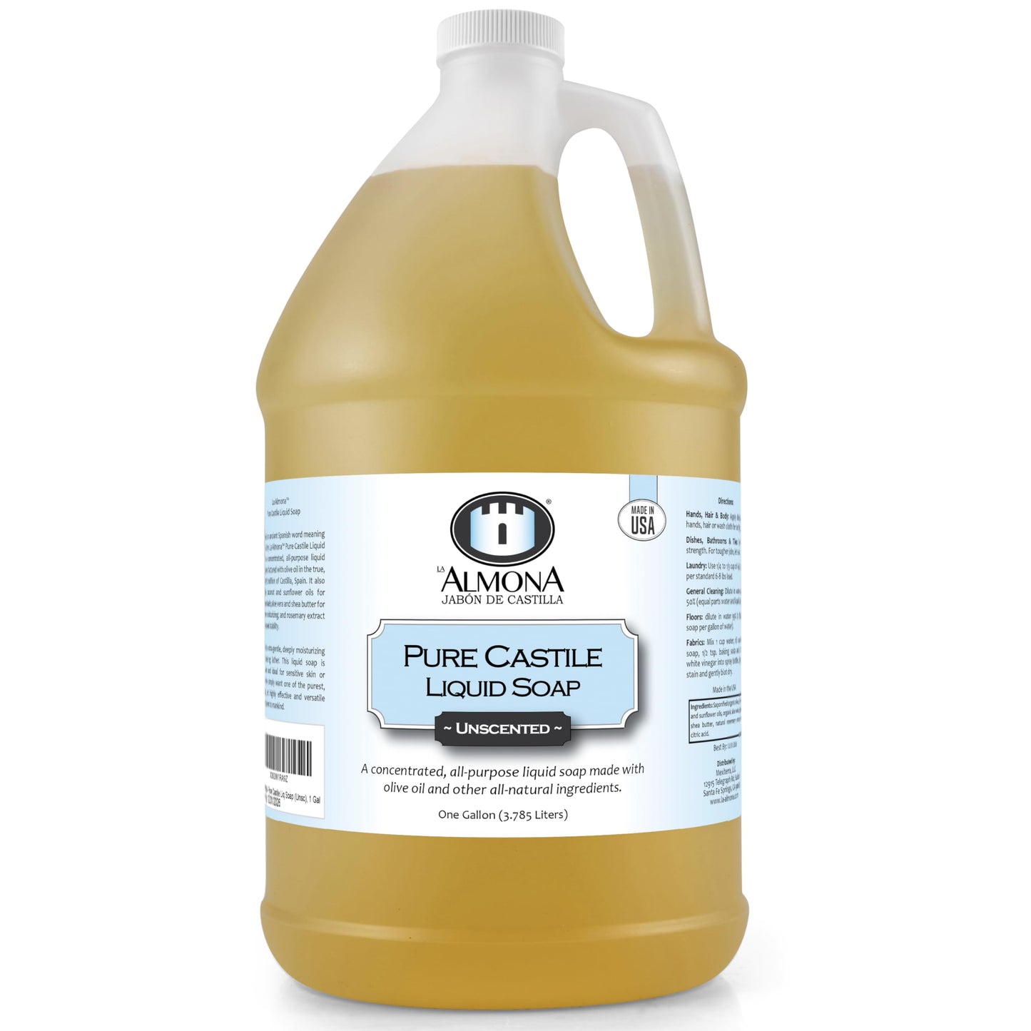 La Almona - Pure Castile Liquid Soap, UNSCENTED, 1 Gallon - Multipurpose: Hands, Face, Body, Laundry, Dishes & More - For Sensitive Skin, All-Natural Beauty & Personal Care La Almona