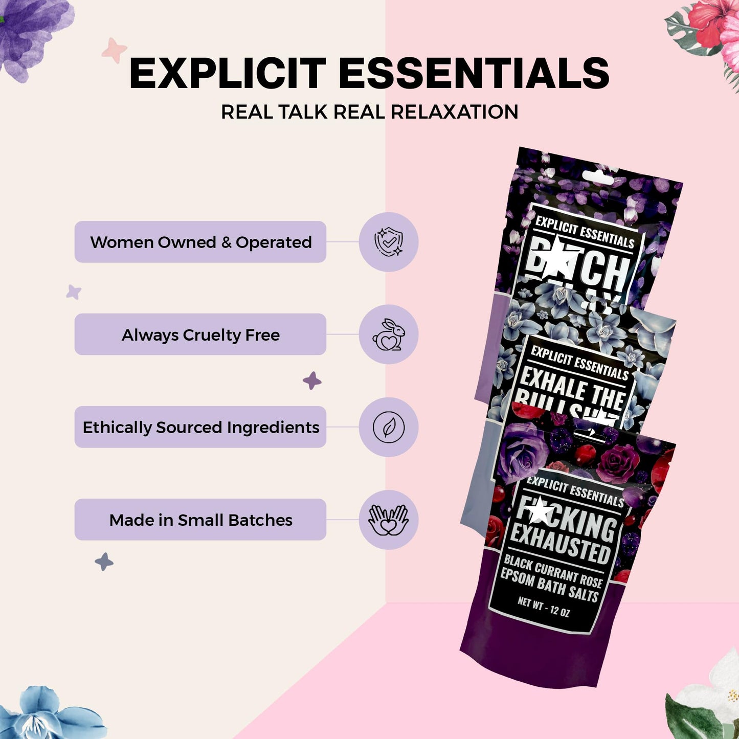 Explicit Essentials Bath Salts Gift Set - 3 Relaxing Epsom Salt Bath Soaks - Aromatherapy Epsom Salt Variety Pack for Stress Relief, Muscle Recovery Beauty and Personal Care Explicit Essentials