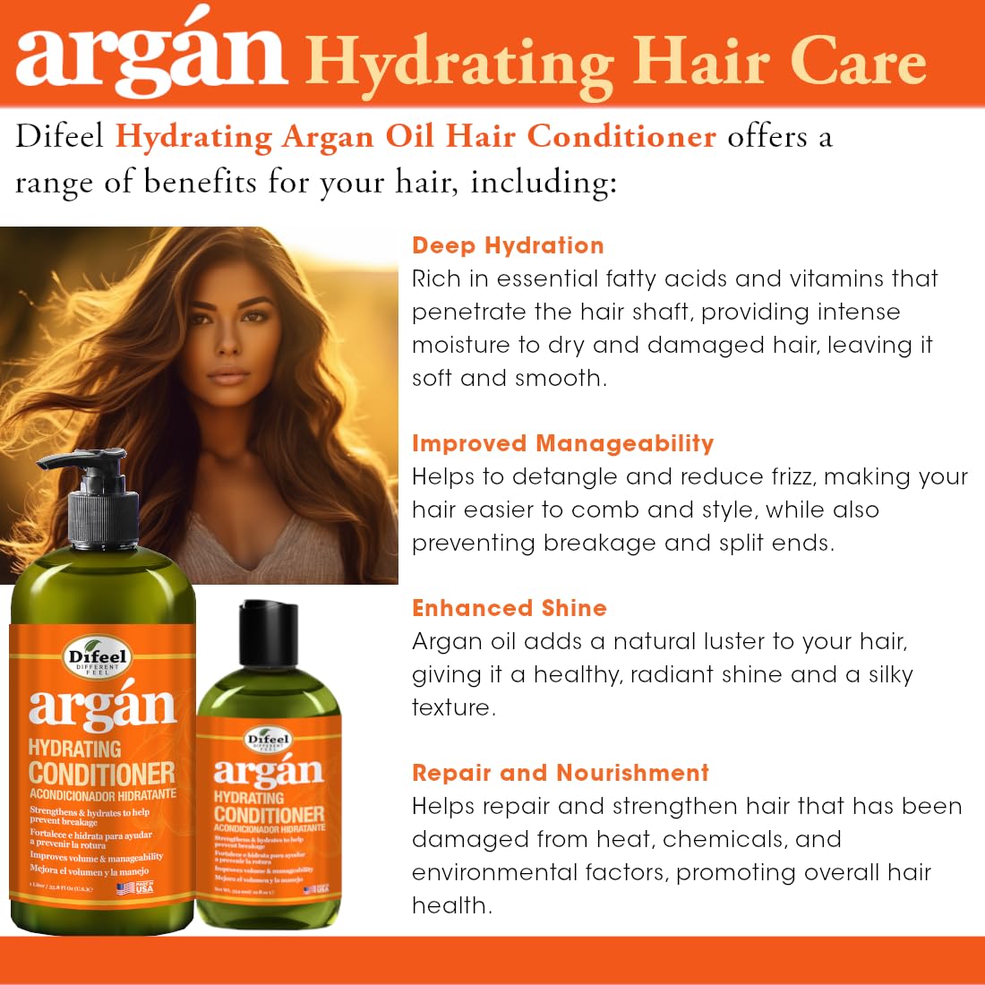 Difeel Argan Hydrating Conditioner 12 oz. - Natural Argan Oil Conditioner Hydrating, Sulfate Free Natural Conditioner for Hair