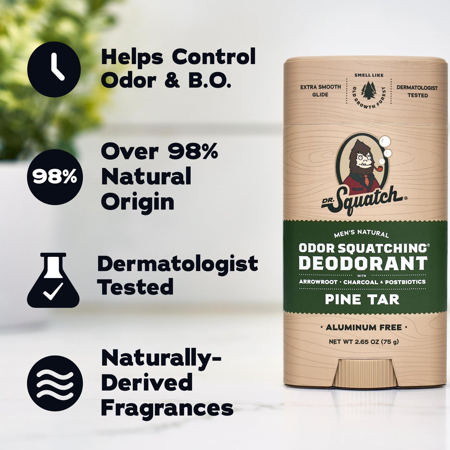 Dr. Squatch Natural Men’s Deodorant - Aluminum Free Natural Deodorant Men with Charcoal & Postbiotics for 72-Hour Odor Protection - Pine Tar, 2.65oz Beauty and Personal Care Dr. Squatch