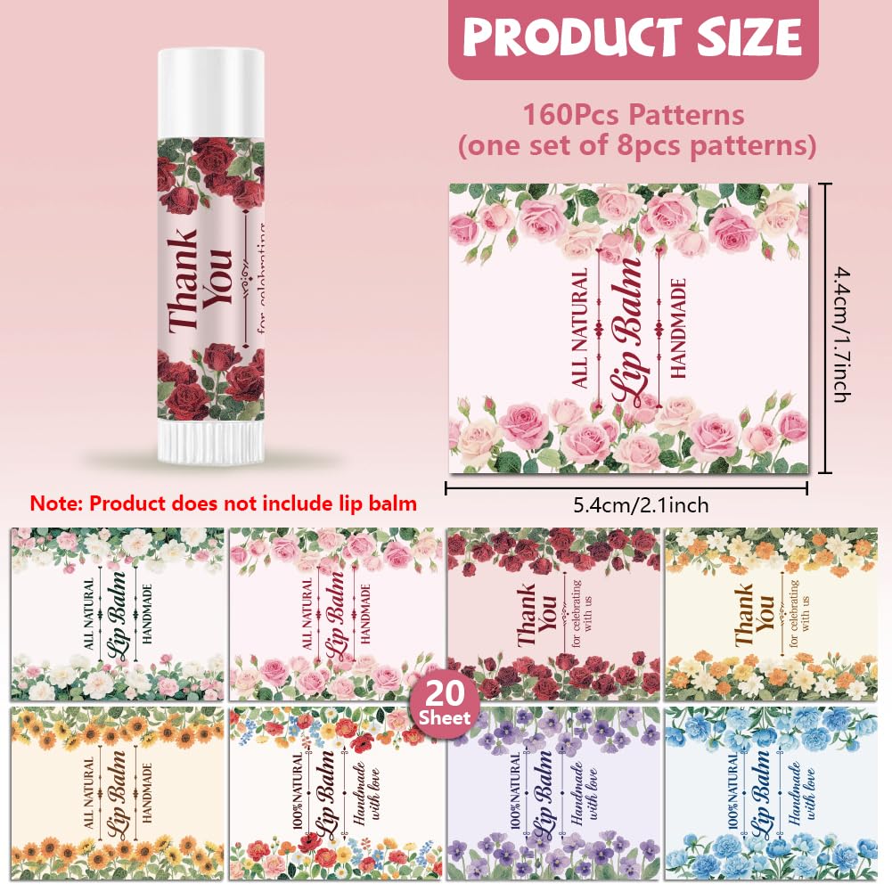 Peacoblue 160Pcs Lip Balm Labels Sticker for Tubes 2.1"x1.7" Flowers with Words, 8 Styles Waterproof Chapstick Labels Glossy for Homemade Lip Balm Beauty and Personal Care peacoblue