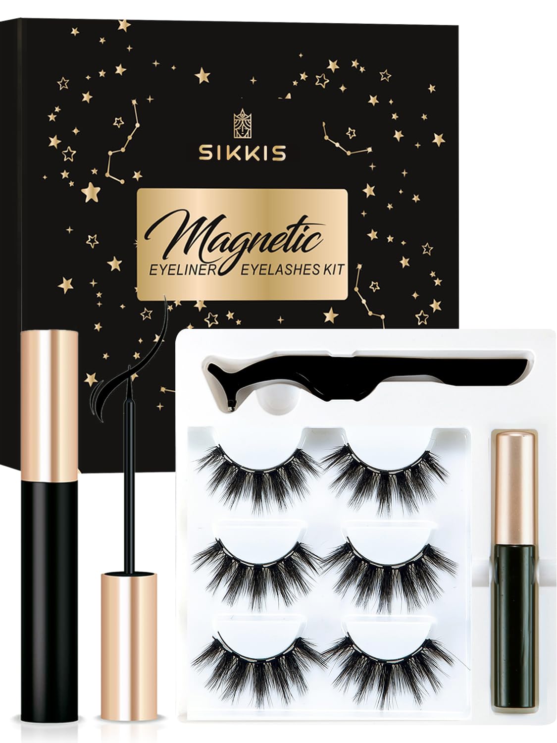 Sikkis Magnetic Eyelashes with Eyeliner - Magnetic Eyeliner and Lashes Kit, 5D Faux Mink Lashes,Eyelashes Long Reusable False Lashes (3 Pairs) Beauty & Personal Care Sikkis