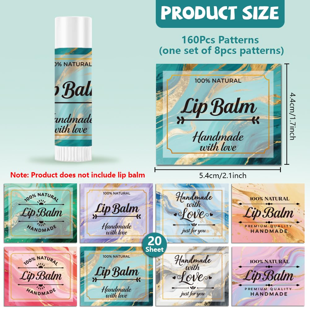 Peacoblue 160Pcs Lip Balm Labels Sticker for Tubes 2.1"x1.7" Gold Marble Texture, 8 Styles Waterproof Chapstick Labels Glossy for Homemade Lip Balm Beauty and Personal Care peacoblue