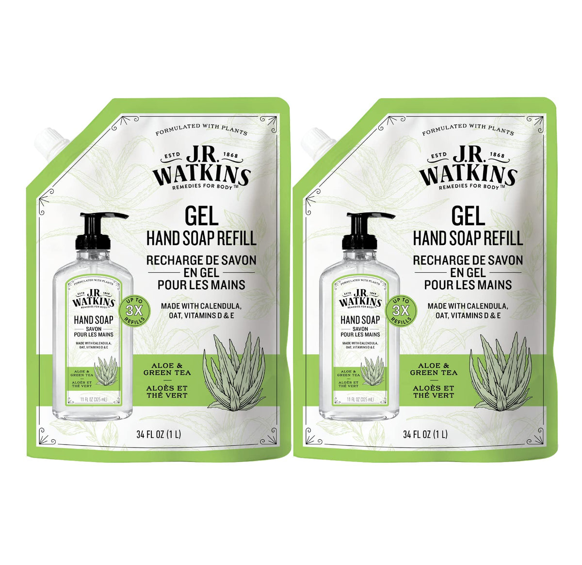 J.R. Watkins Gel Hand Soap Refill Pouch, Scented Liquid Hand Wash for Bathroom or Kitchen, USA Made and Cruelty Free, 34 fl oz, Aloe & Green Tea, 2 Beauty & Personal Care J.R. Watkins