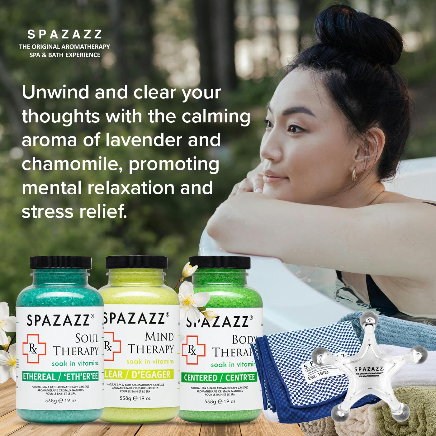 RX Therapy Spa and Hot Tub Aromatherapy Scented Relaxation Bath Salt Crystals - Mind Body and Soul Bundle Gift Set (19 Oz) Includes 5 Point Full Body Beauty and Personal Care Spazazz