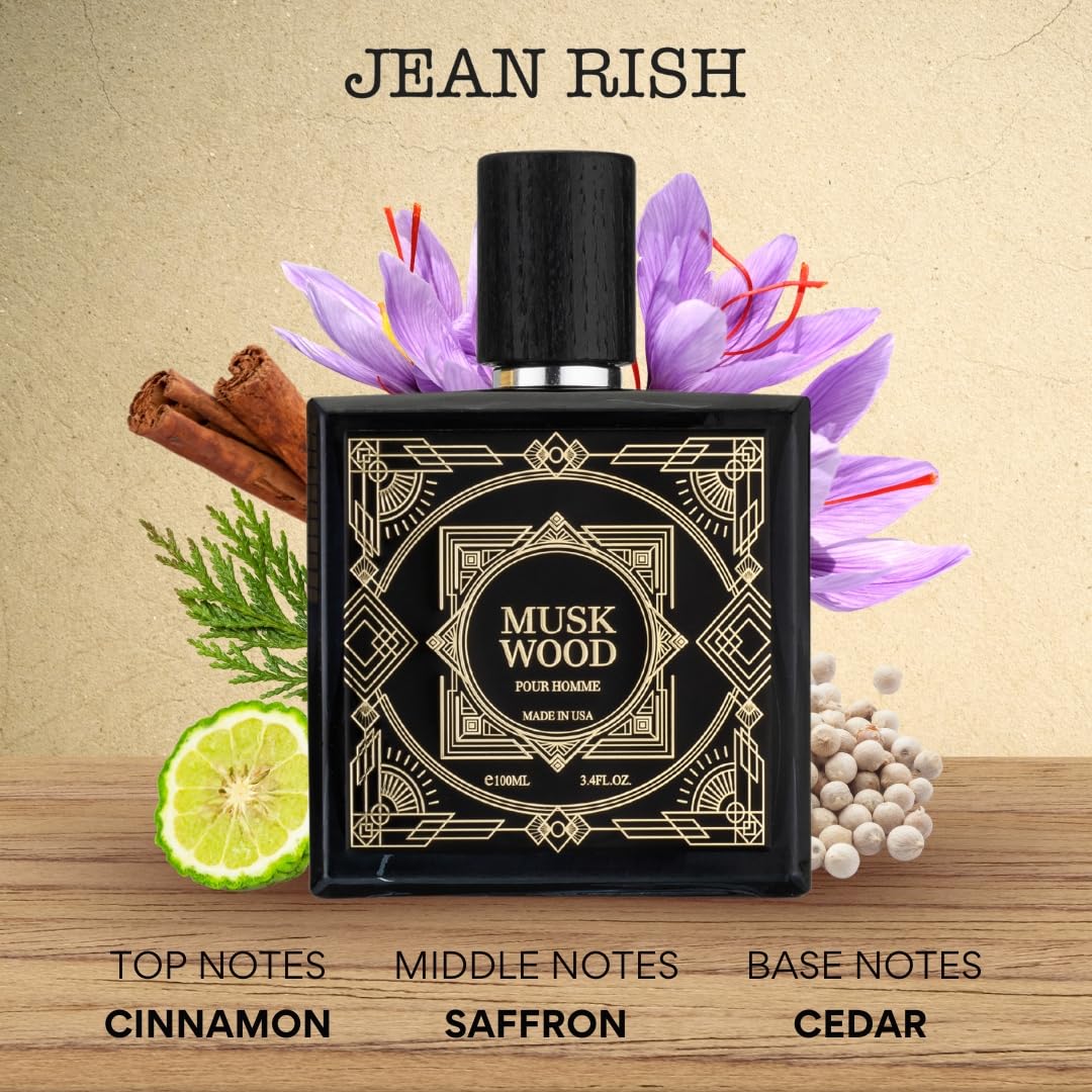 Jean Rish Musk Wood Perfume for Men Eau De Toilette, Long-Lasting Luxury Fragrance, Made In USA - Bergamot, Rose, Cedar, Sandalwood, Musk Scent Beauty & Personal Care Jean Rish