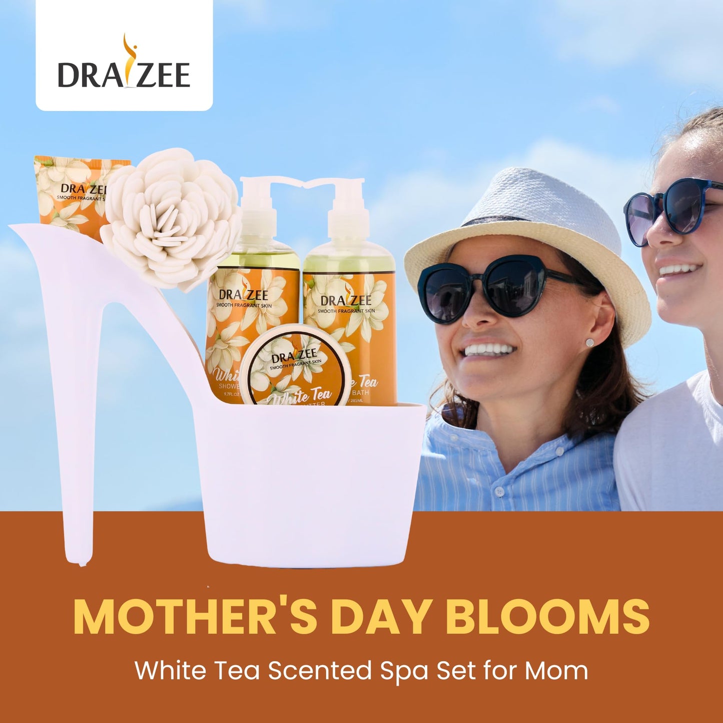 Draizee Heel Shoe Spa Gift Basket for Women, 6 Pc White Tea Scented Beauty and Personal Care Draizee