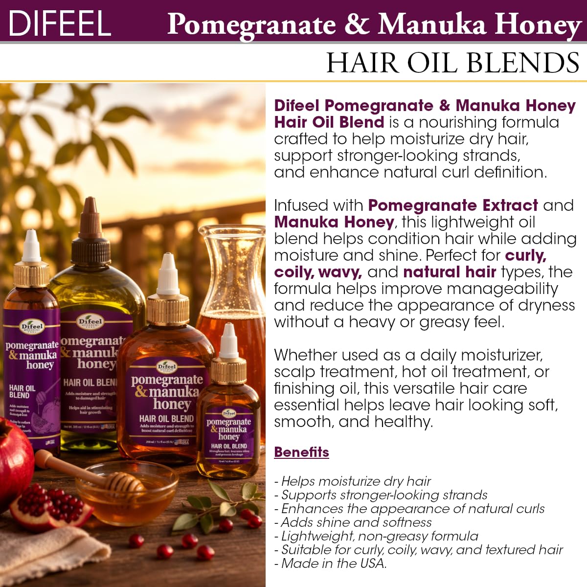 Difeel Elevated Pomegranate & Manuka Honey Hair Oil Blend - Travel Size 2.5 oz. - Growth Stimulating, Moisturizing & Strengthening Blended Hair Oil