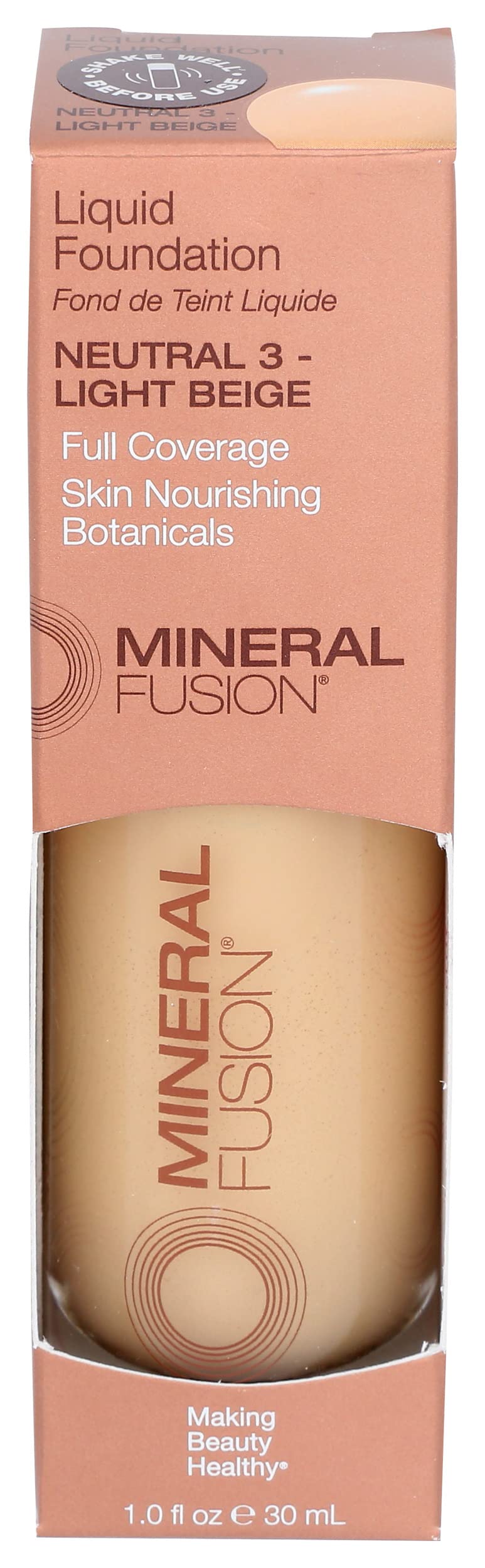 Mineral Fusion Full Coverage Foundation, Liquid Foundation - Neutral 3- Medium Complexion w/Neutral Undertones, Lightweight Matte Finish, Up to 12 Hr