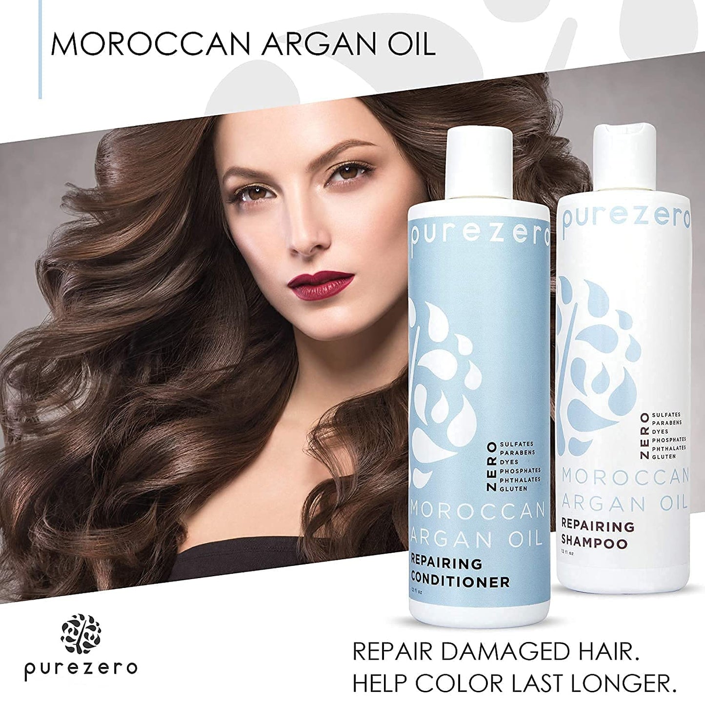 Purezero Moroccan Argan Oil Shampoo & Conditioner set - Repair Damaged Hair - Fight Dandruff & Frizz - Zero Sulfates, Parabens, Dyes, Gluten - Vegan Beauty & Personal Care Purezero
