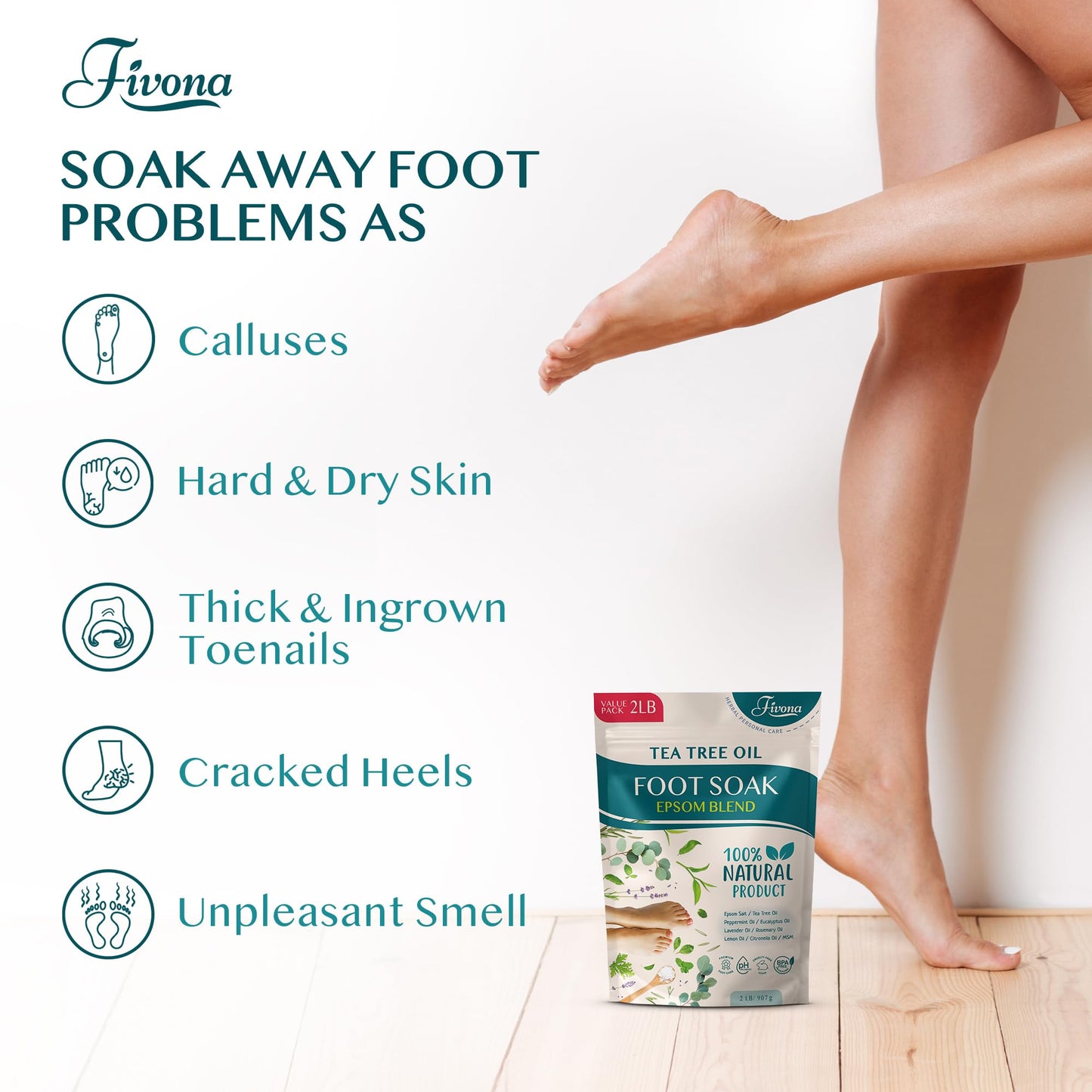 Foot Soak Epsom Salt with Tea Tree Oil 2 LB - Epsom Salt with Essential Oils for Healthy Toenails, Soothing Relief, Callus Softening - Pedicure Beauty and Personal Care FIVONA
