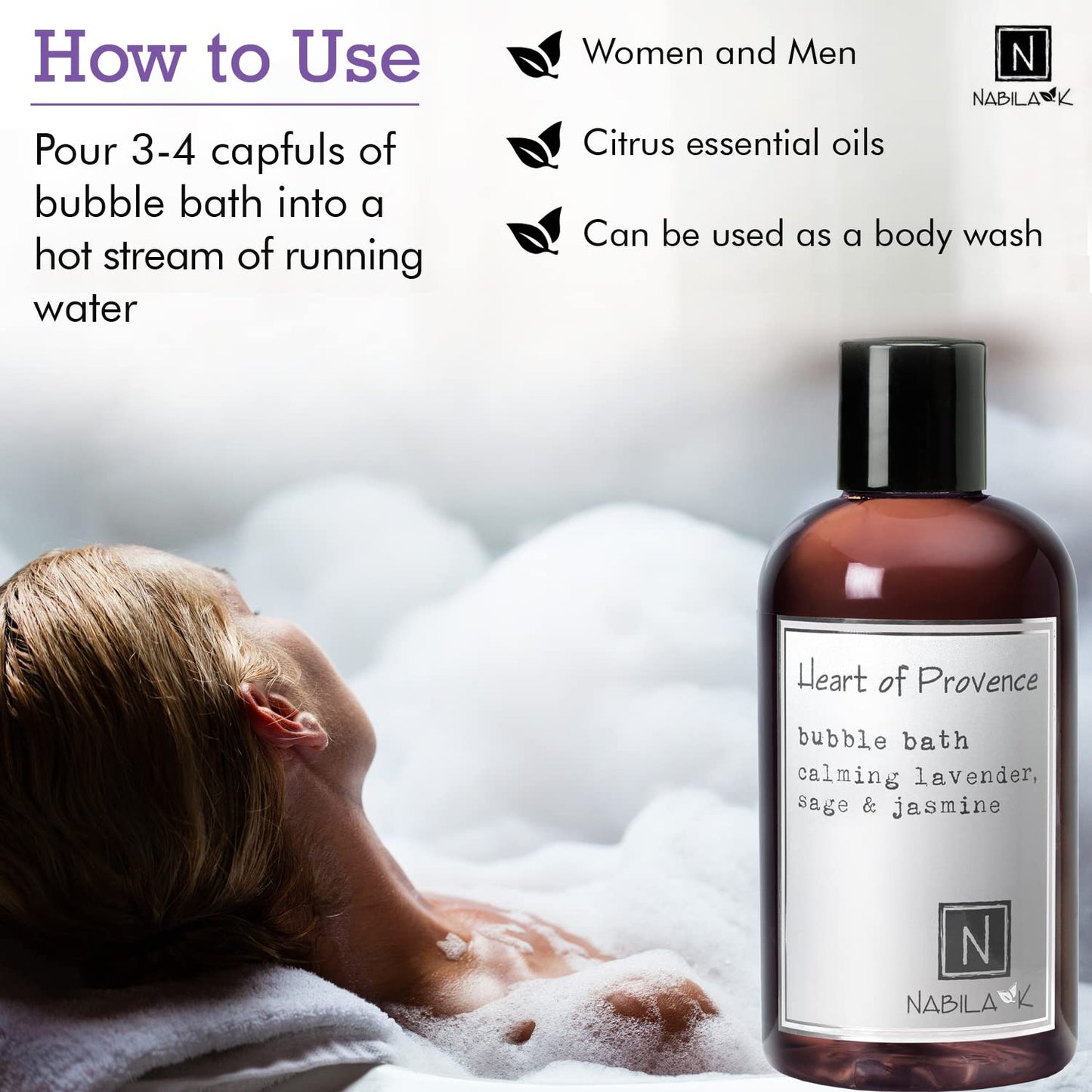 Nabila K Heart of Provence Bubble Bath with Lavender, Sage & Jasmine - Natural & Organic, Sulfate-Free, Tear-Free - Luxury Aromatherapy Bath Soak Beauty and Personal Care Nabila K