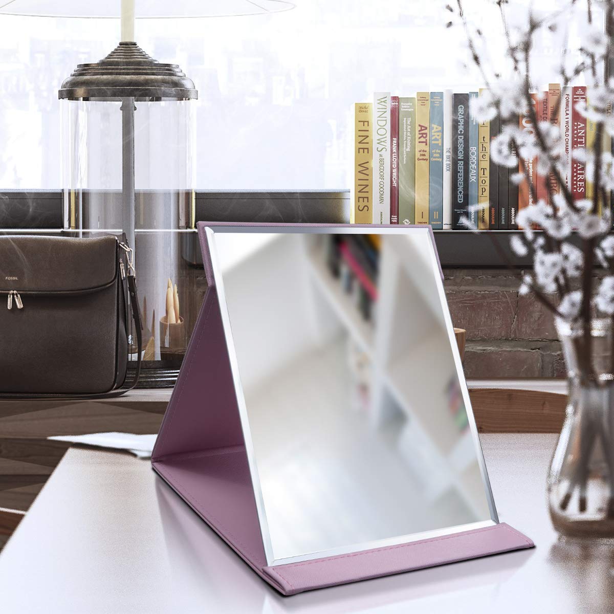 LONGSHENG - SINCE 2001 - Protable PU Leather Mirror Folding Desktop Makeup Mirror with Adjustable Stand for Personal Use,Travelling (L, Pink) Beauty & Personal Care LONGSHENG - SINCE 2001 -