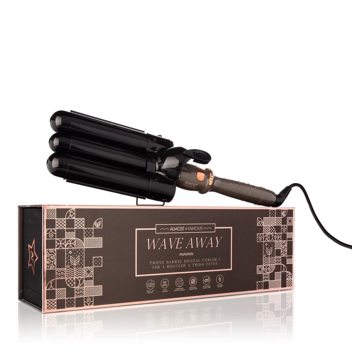 Almost Famous Wave Away Triple Barrel Clip Curling System, 3 Barrel Curling, Crimper with LCD Temp Display, Professional Beauty Tool, Temperature