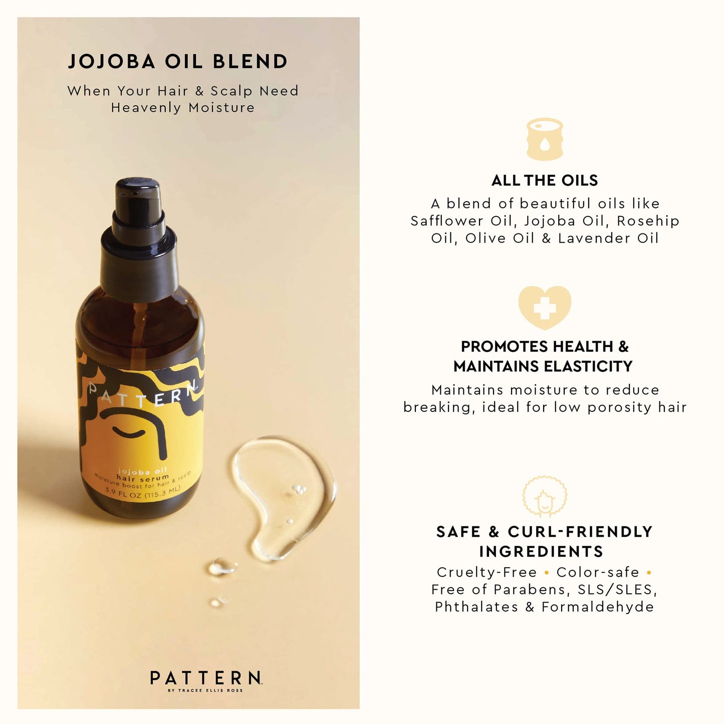PATTERN Beauty by Tracee Ellis Ross Jojoba Hair Serum, 3.9 Fl Oz, Safflower, Jojoba, Rosehip, Olive & Lavender Oils, Lightweight Moisture Boost Beauty & Personal Care PATTERN